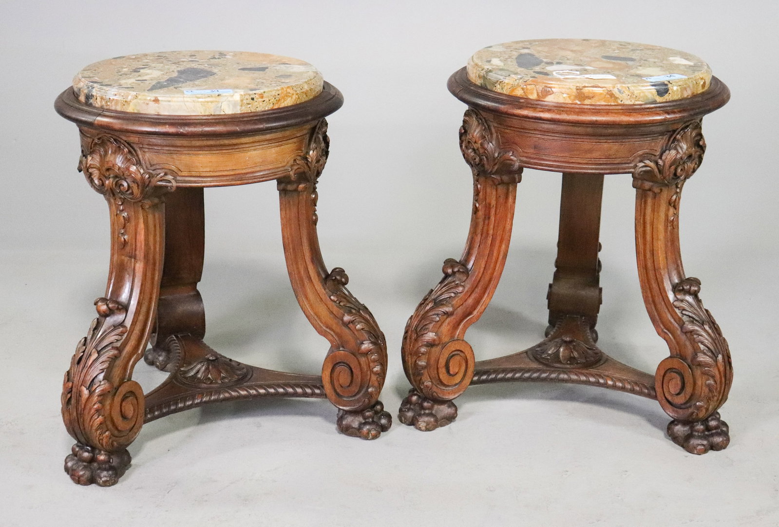 2 French Anitque Renaissance Revival Carved Walnut Marble Top Tables / Stools (1 of 3)