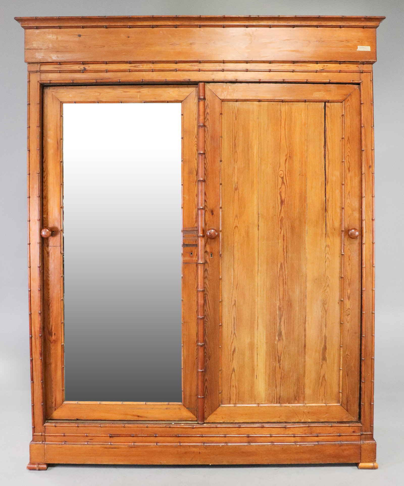 French Faux Bamboo Pine Two Door Sliding Mirrored Armoire (1 of 8)