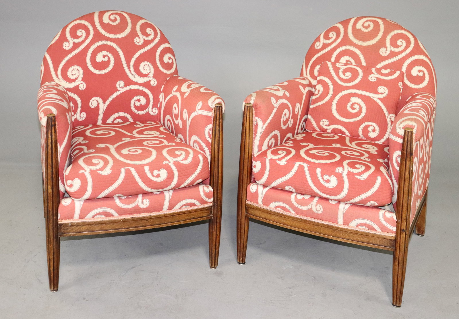 Pair French Modern Upholstered Barrel Back Armchairs (1 of 9)