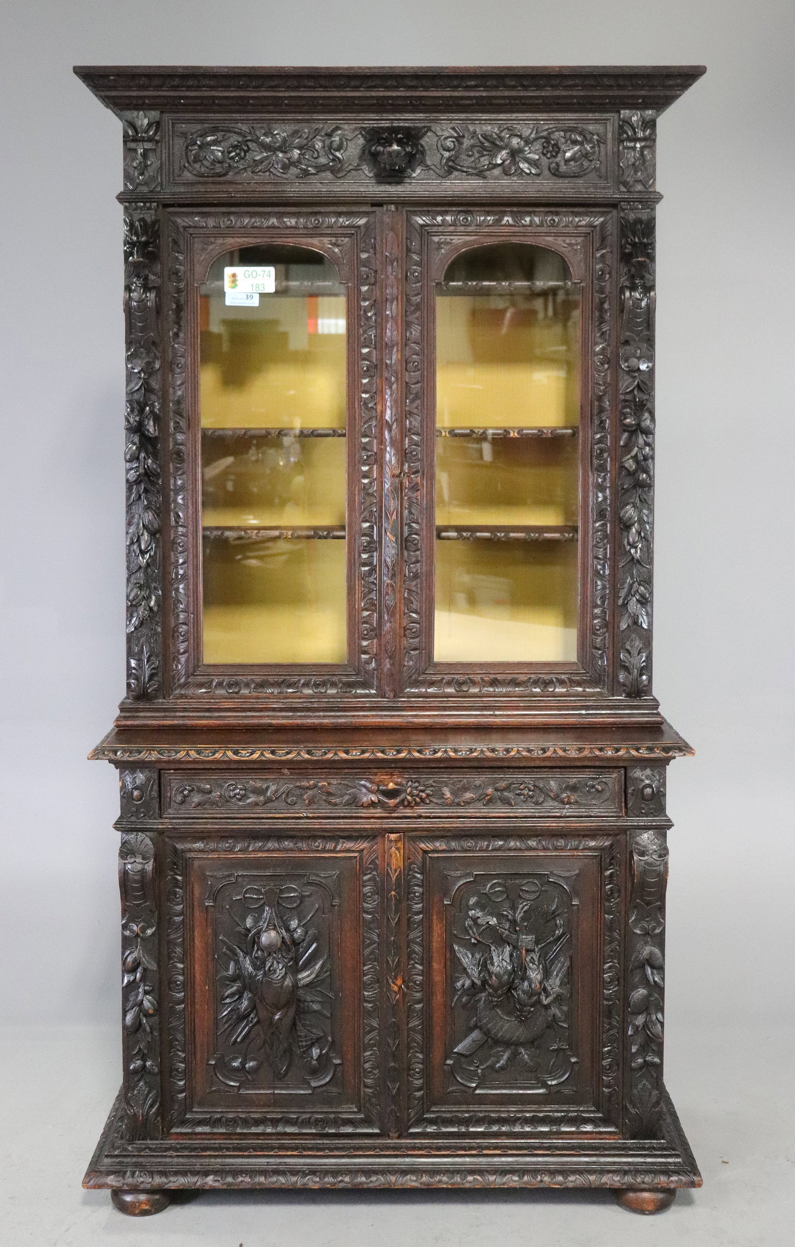 French Renaissance Revival Carved Hunting Bookcase Cabinet (1 of 10)