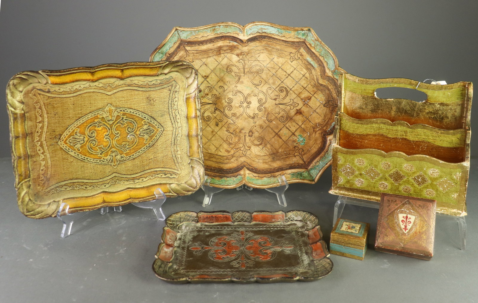 6 Pc Italian Florentine Gilt Wood Trays Boxes and Caddy (1 of 6)