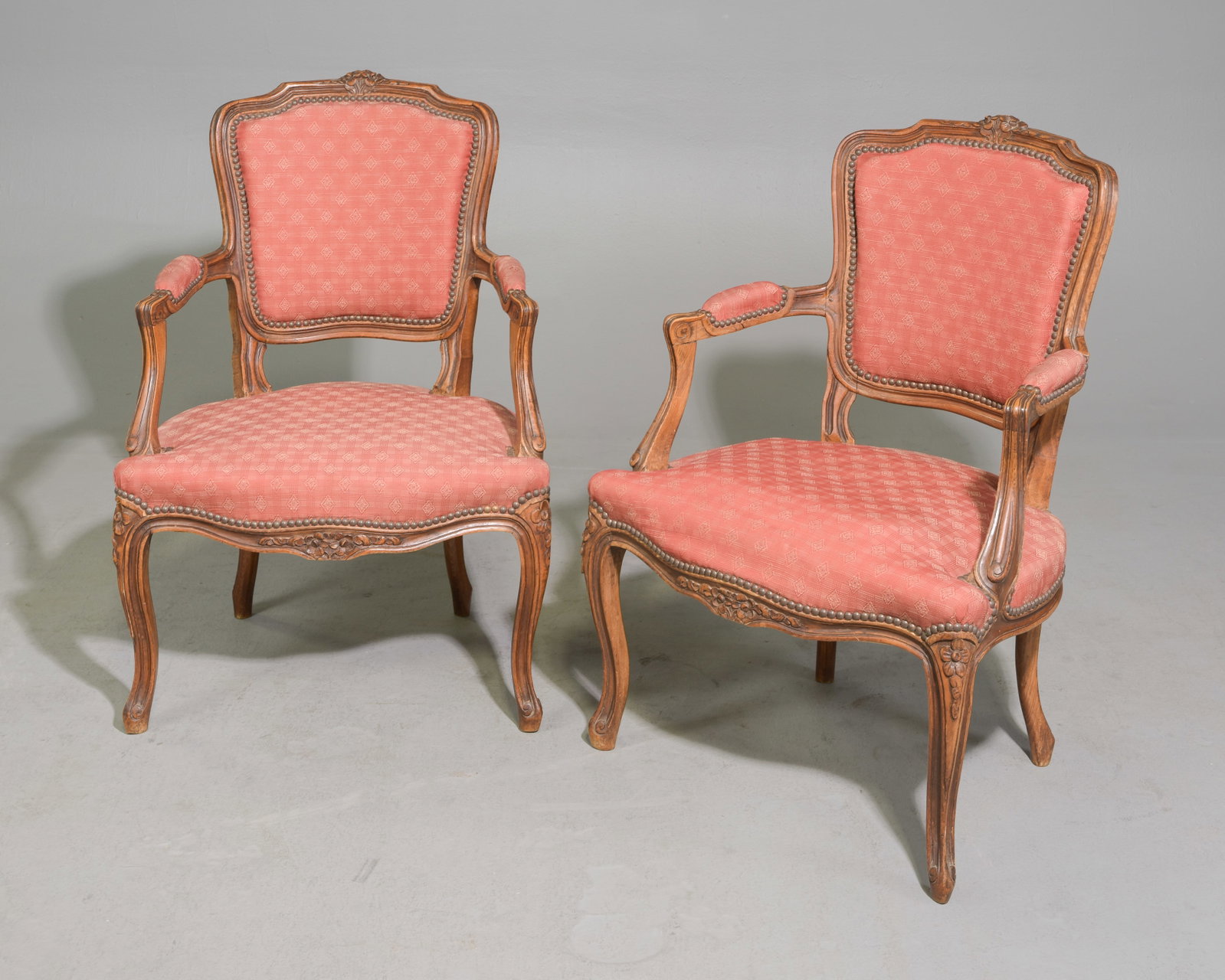 Louis XV Style Pair of Beech Wood Arm Chairs: French Louis XV Style Pair of Beech Wood Upholstered Arm Chairs - 33.5 in tall x 24 x 20 each with a seat height of 15 inches each