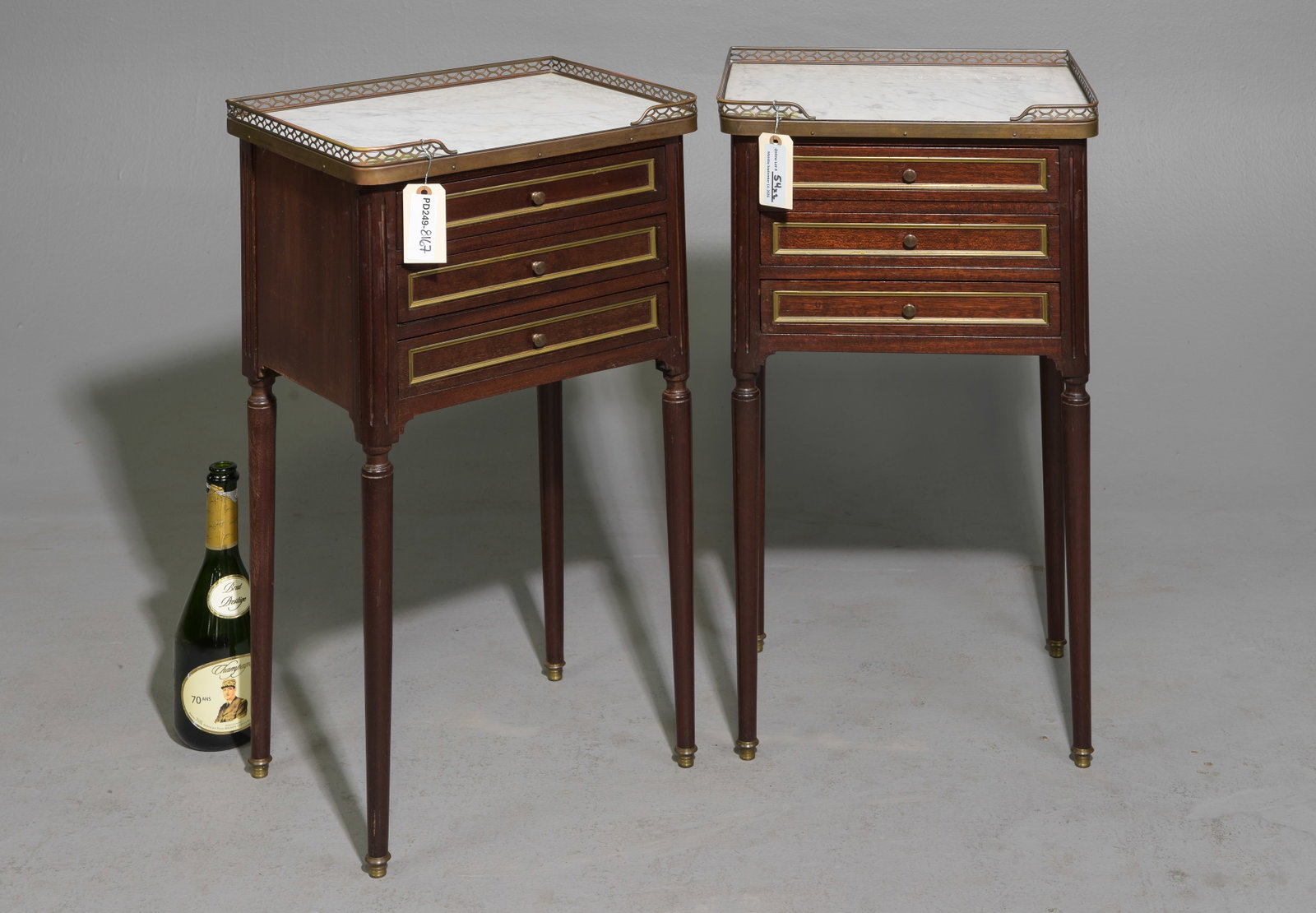 Louis XVI Style Pair of White Marble Top Chests: French Louis XVI Style Pair of White Marble Top Mahogany Chests / Nightstands with Brass Gallery - 28.25 in tall x 15.5 x 12 each