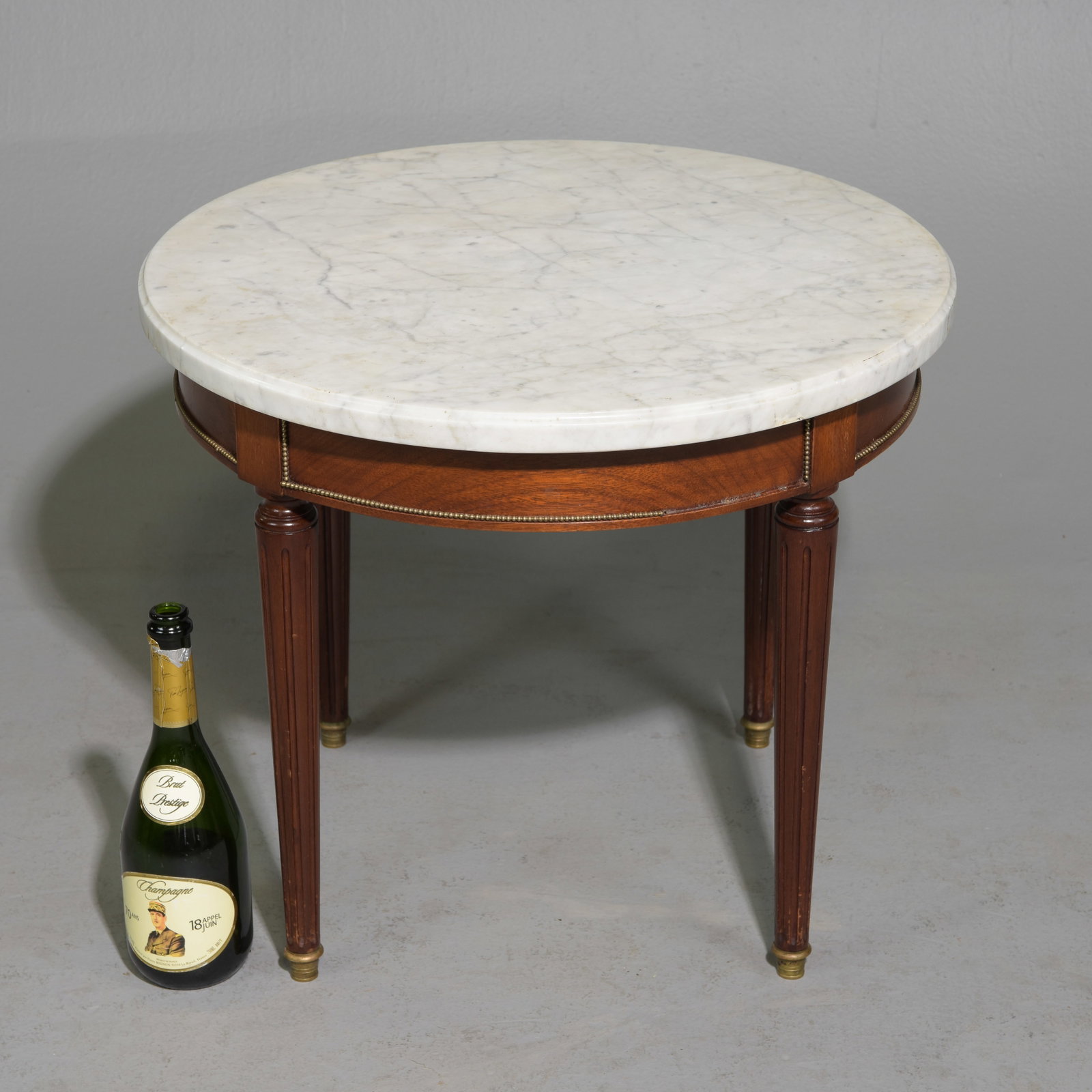 Louis XVI Style White Marble Top Low Side Table: French Louis XVI Style White Marble Top Mahogany Round Low Side / Coffee Table - 20 in tall x 24 inch diameter