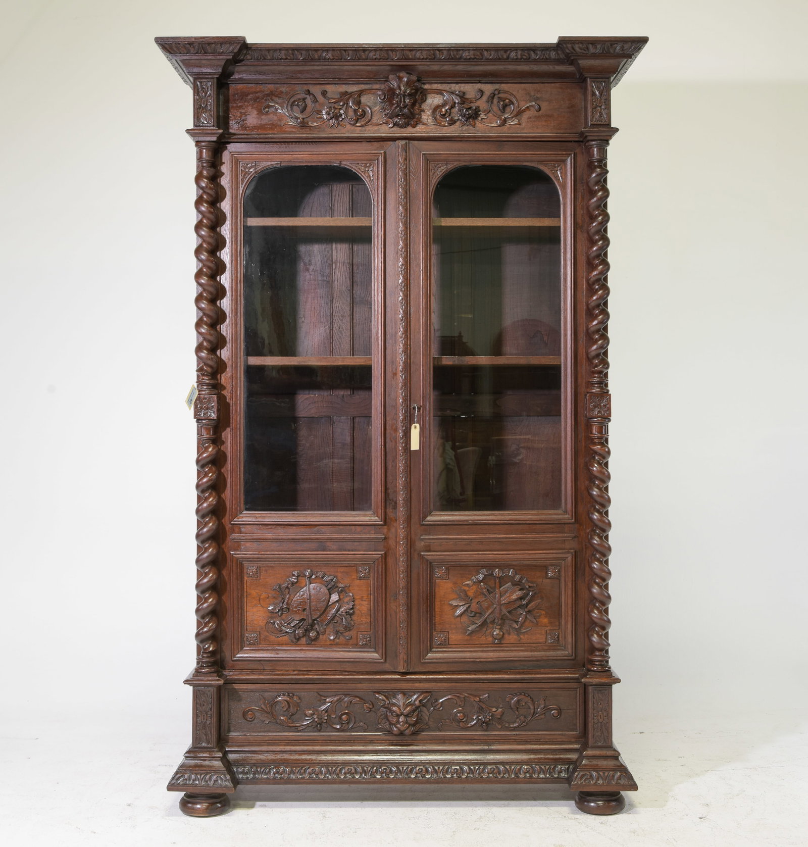 Louis XIII Style French Twist Oak Double Door Bookcase (1 of 13)