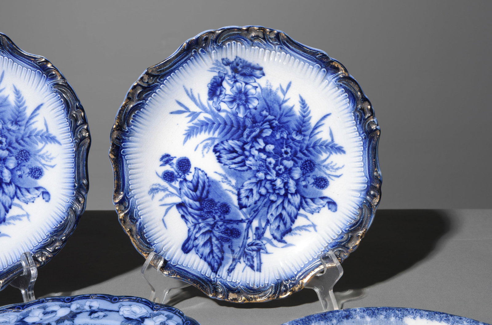 Five Assorted Flo Blue / Blue & White Plates - 2