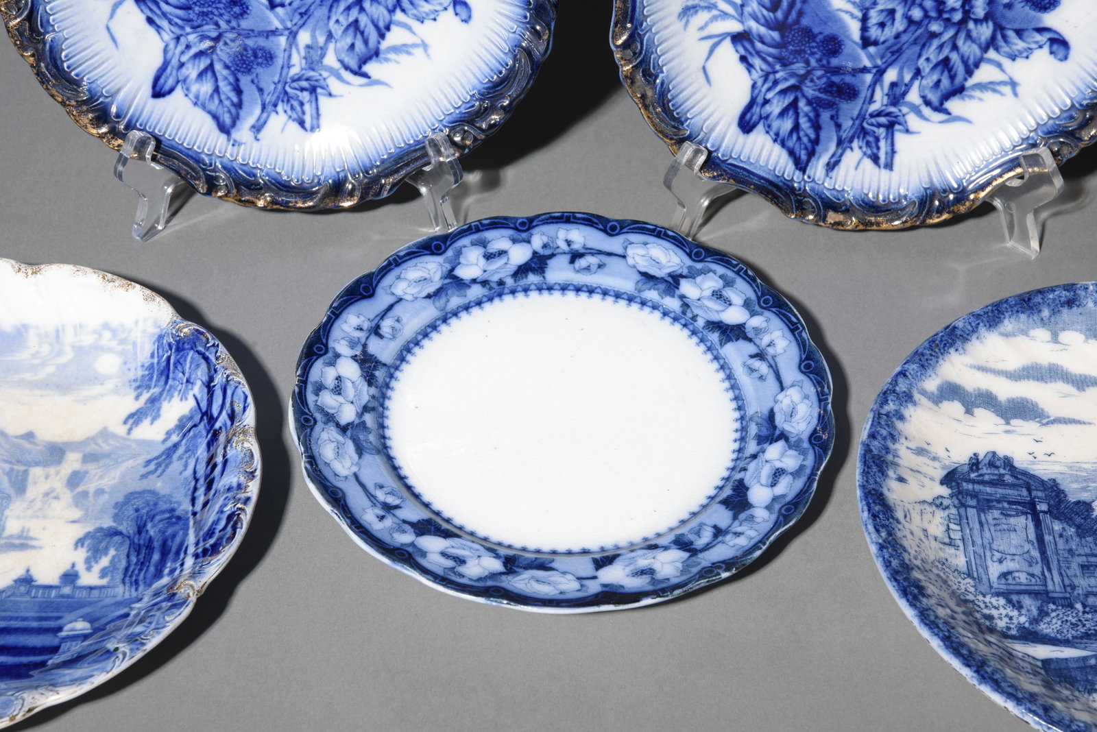 Five Assorted Flo Blue / Blue & White Plates - 6