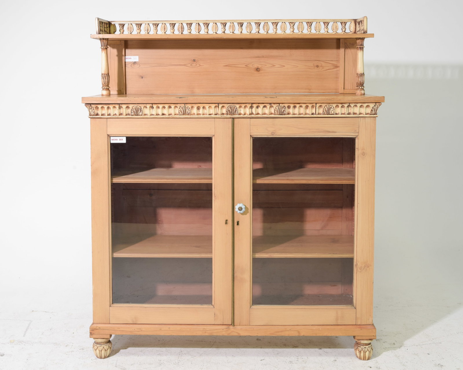 European Pine Double Door Bookcase / Cabinet: European Pine Double Door Bookcase / Cabinet featuring an upper gallery shelf supported by turned columns - 60 in tall x 50.5 x 16