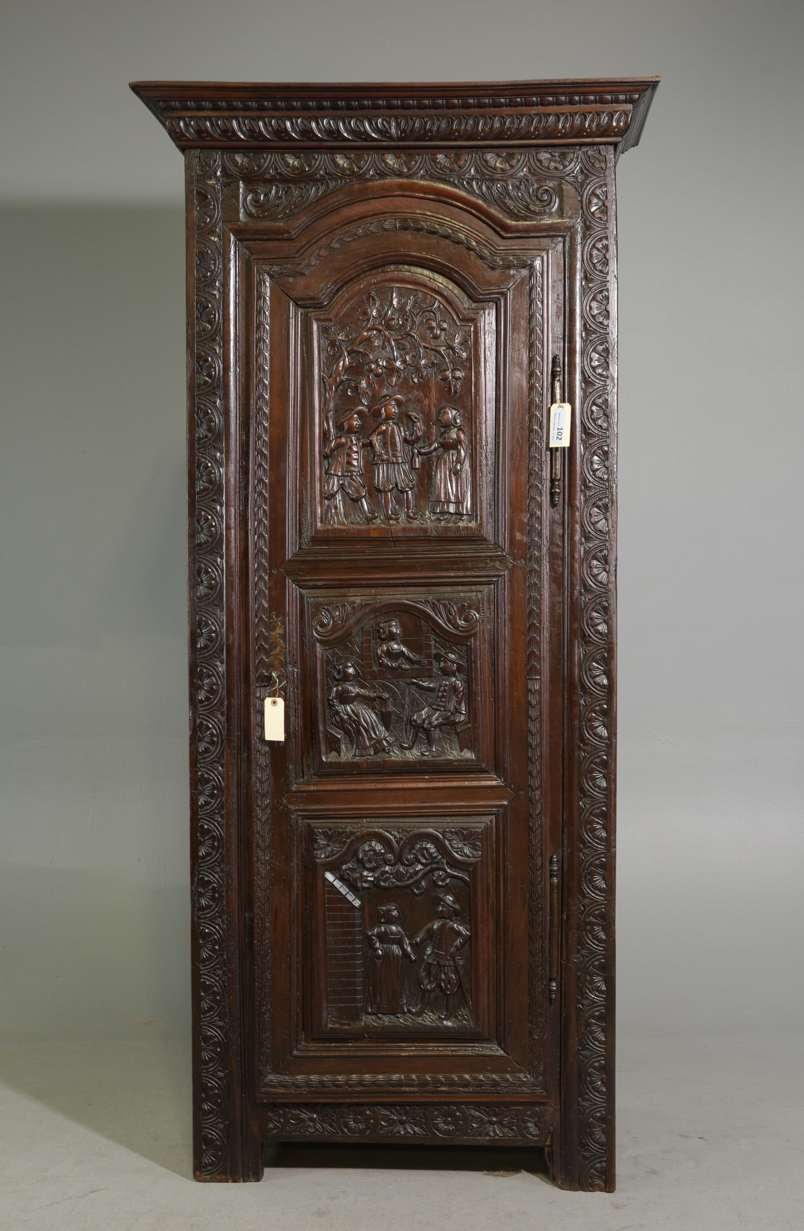 French Breton Style Finely Carved Oak Bonnetiere: French Breton Style Finely Carved Oak Bonnetiere / Single Door Cupboard - 81.5 in tall x 38 x 22.75