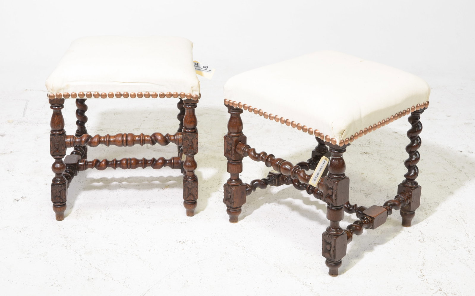 Louis XIII Style Pair of French Twist Stools: French Louis XIII Style Pair of French Twist Stools - 19 in tall x 16 x 16 each
