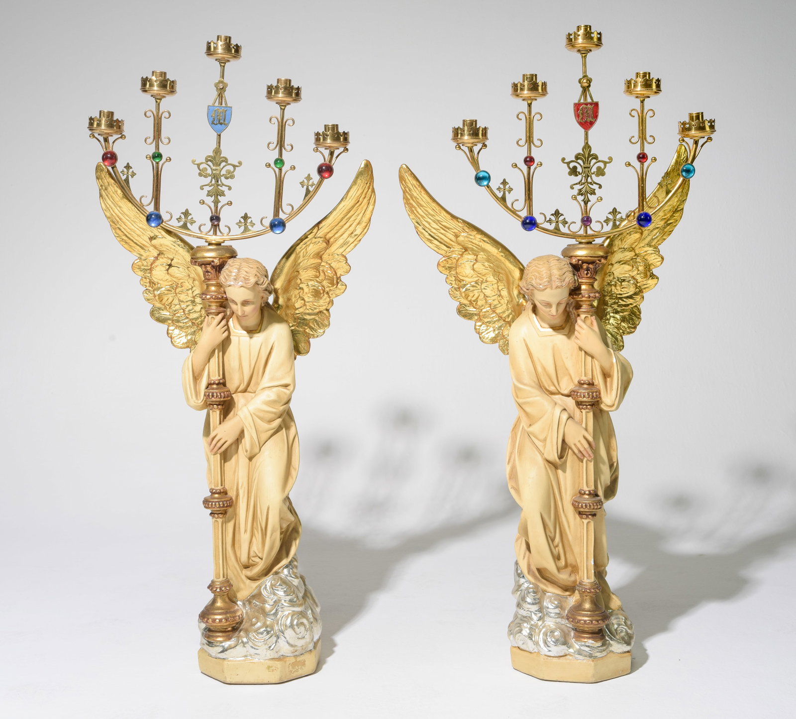 2 Ecclesiastical Hand Painted & Gilded Angel Candelabras: 2 Ecclesiastical Hand Painted & Gilded Angel Candelabras - These two intricately detailed standing angel candelabras feature gilded outstretched wings delicately holding a central column "torchiere"
