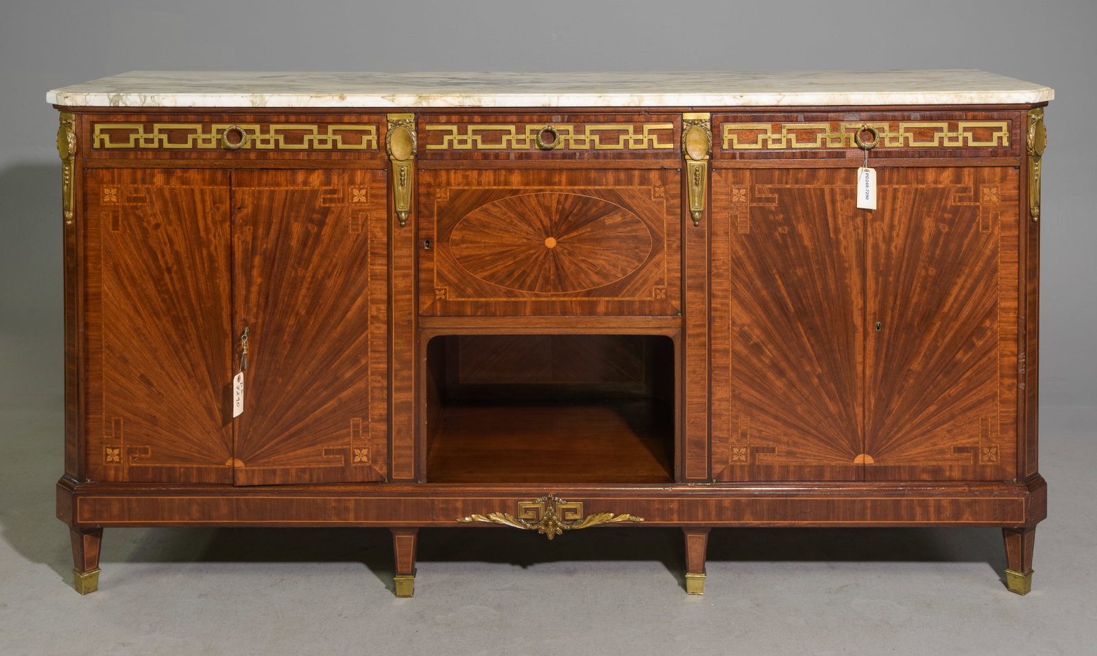 Louis XVI Style Marble Top Mahogany Sideboard: Louis XVI Style Marble Top Mahogany Sideboard / Enfilade with Gilded Brass / Ormolu Adornments - 40 in tall x 79 x 24