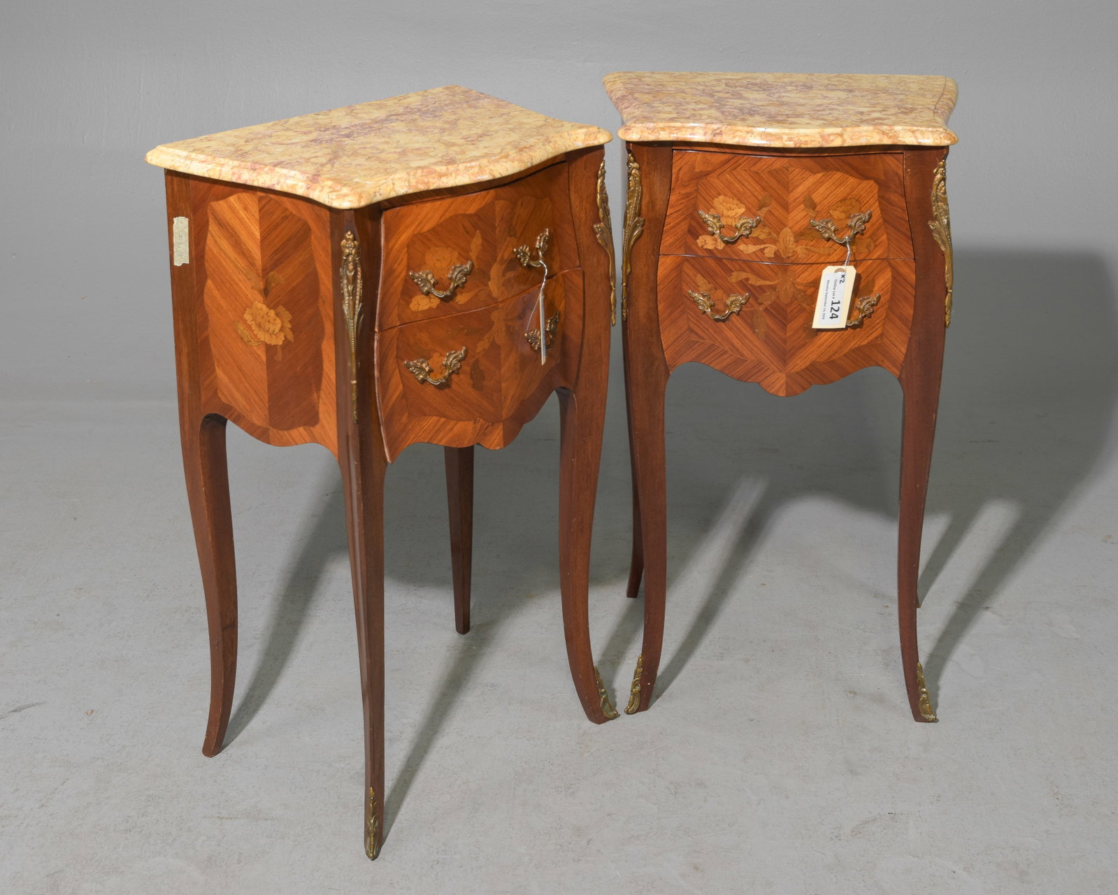 Louis XV Style Pair of Marble Top Chests / Nightstands: French Louis XV Style Pair of Marble Top Chests / Nightstands with Marquetry Inlay - 29.5 in tall x 17.5 x 12.5 each
