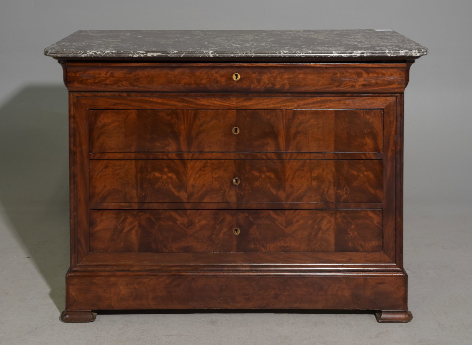 Louis Philippe Style Mahogany Marble Top Chest #1: French Louis Philippe Style Mahogany Grey Marble Top Four Drawer Chest - 37 in tall x 50.5 x 23