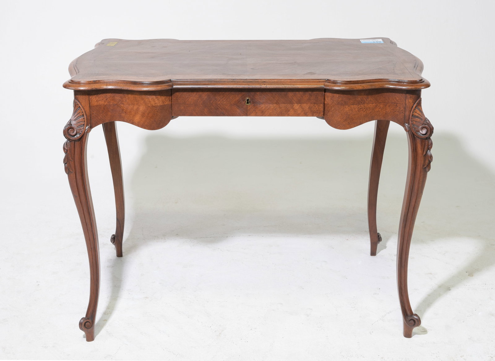 Louis XV Style Walnut Single Drawer Writing Table: French Louis XV Style Walnut Single Drawer Writing Table - 29.5 in tall x 39.5 x 24, Floor to under is 25.25 inches and the space between the legs is 32.5 inches