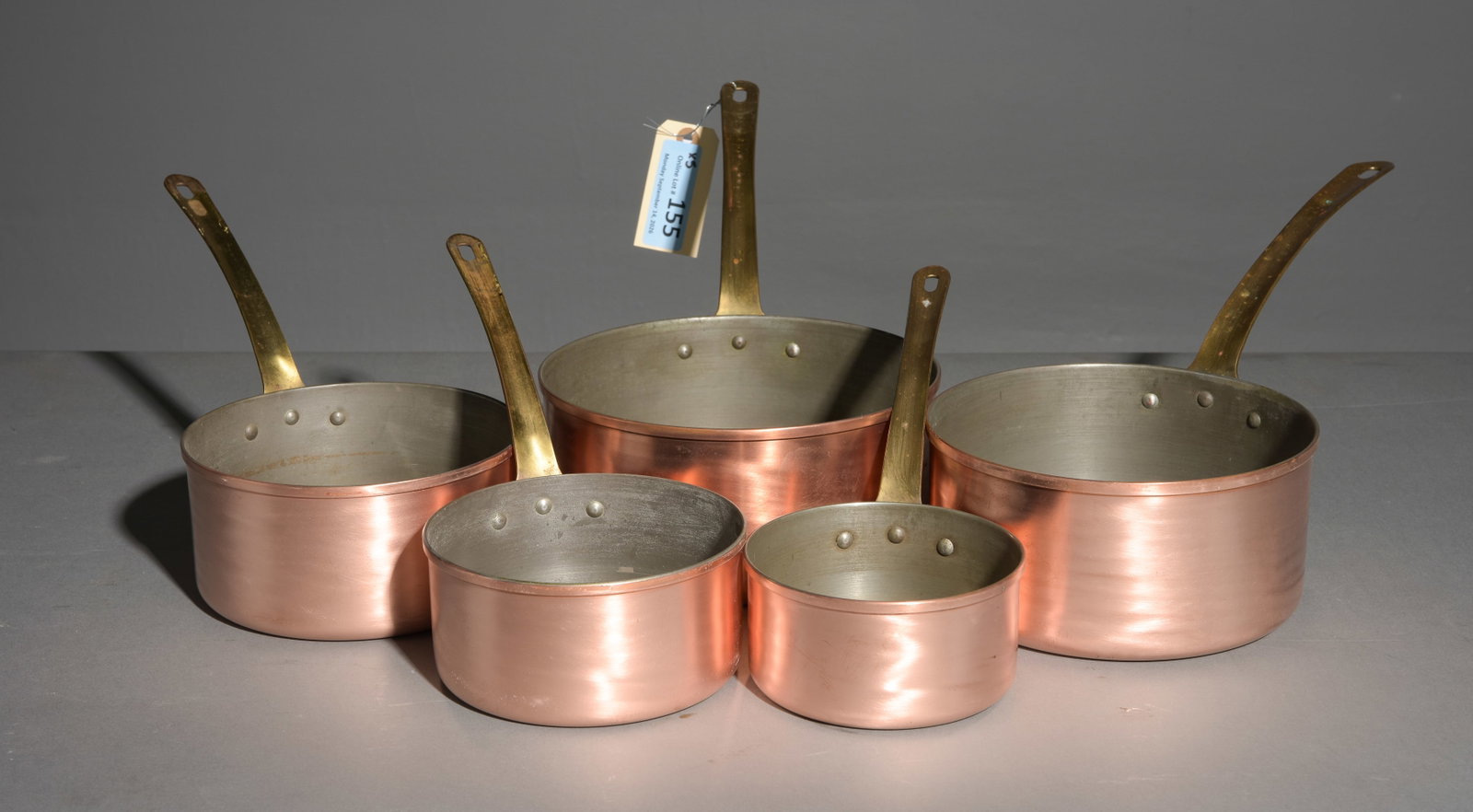 French Polished Copper Set of 5 Sauce Pans #3: French Polished Copper Set of 5 Graduated Sauce Pans with Brass Handles - Largest is 7 in tall x 16 x 8 - These are stamped