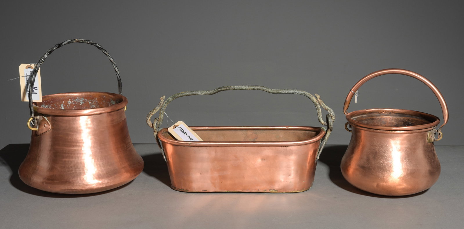 3pcs - French Polished Copper Fish Kettle & 2 Pots: 3pcs - French Polished Copper Fish Kettle & 2 Pots - 6 in tall x 9.5 x 8, 6 in tall x 16 x 6.5 and 7.5 in tall x 10 inch diameter - One is stamped