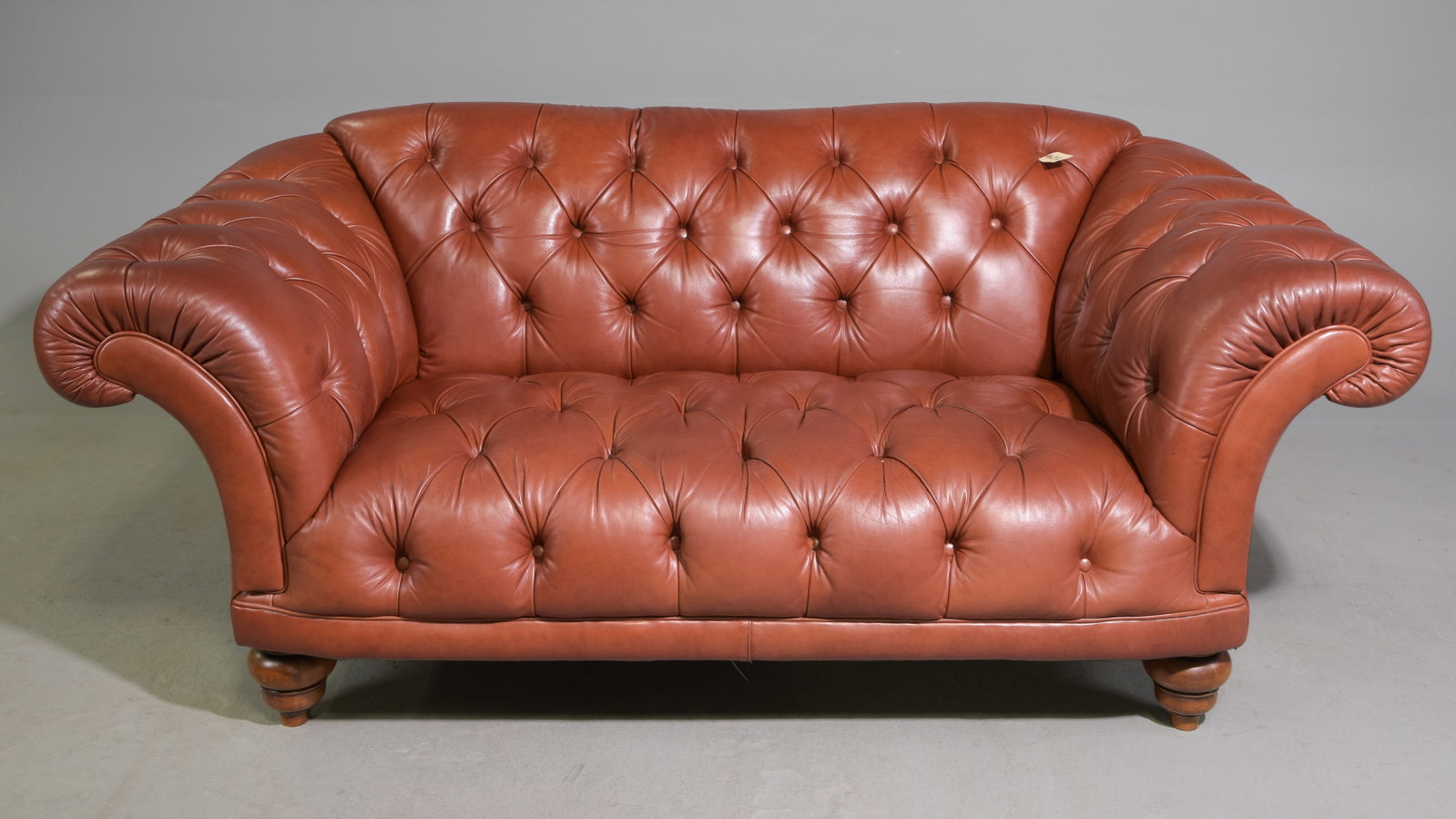 English Button Tufted Leather Scrolled Arm Sofa (1 of 7)