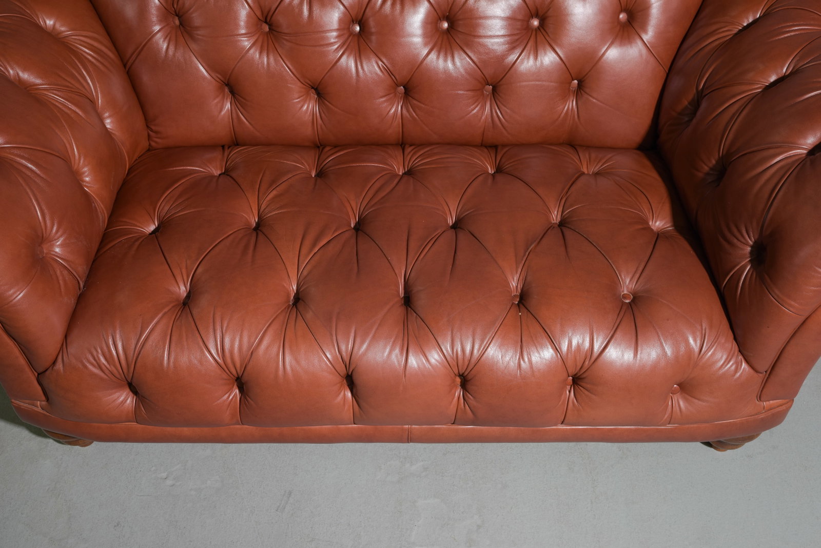 English Button Tufted Leather Scrolled Arm Sofa - 2
