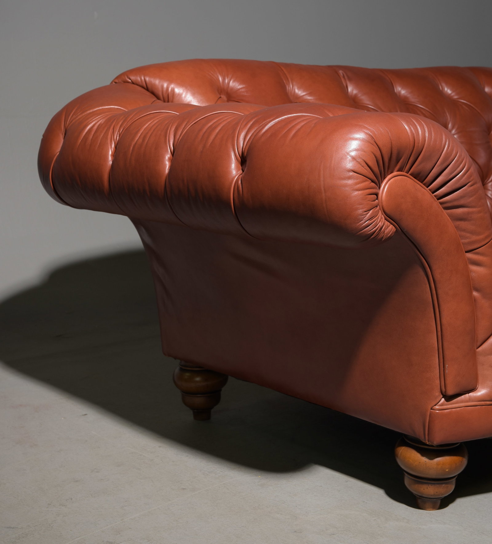 English Button Tufted Leather Scrolled Arm Sofa - 6