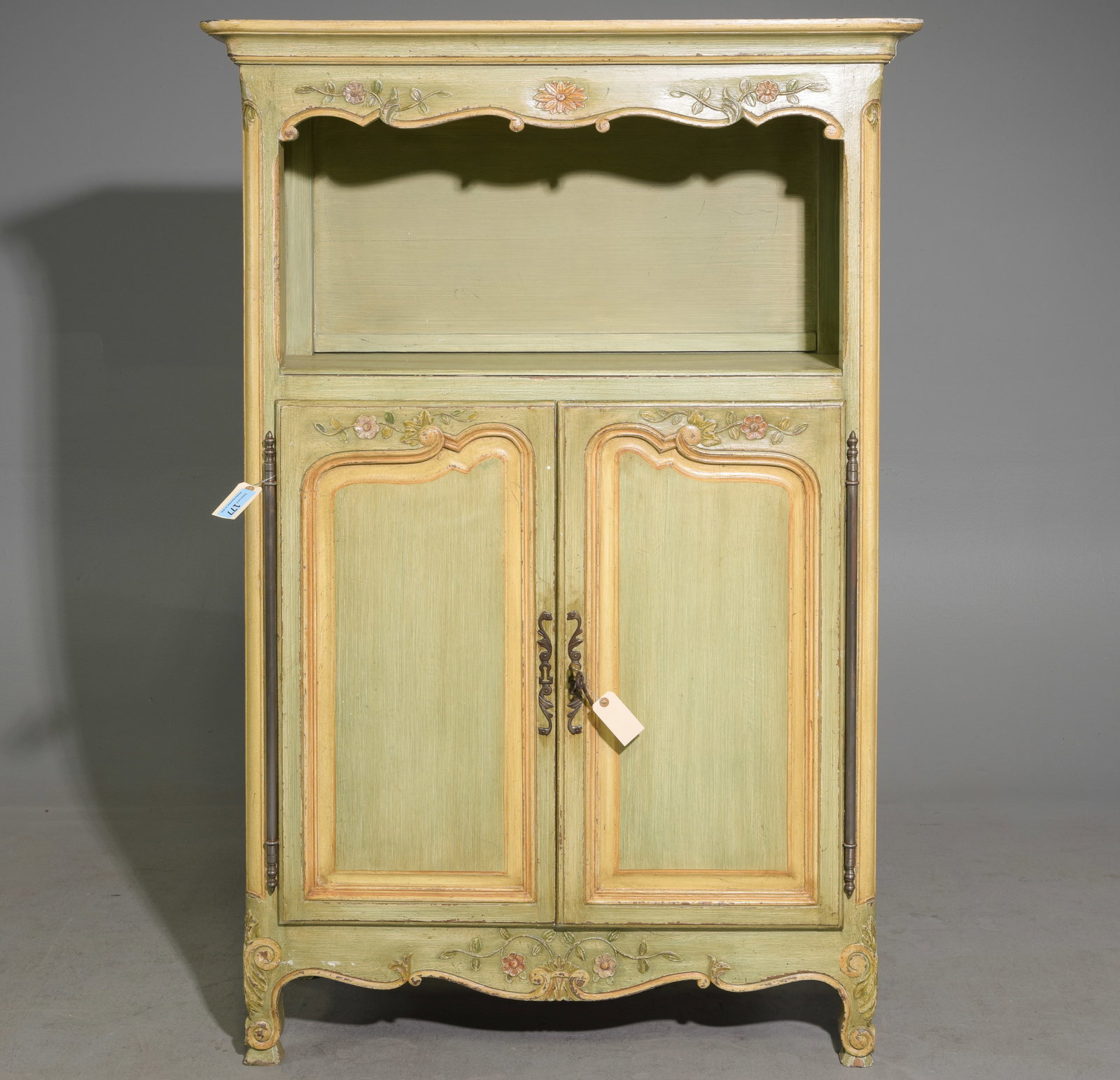 Louis XV Style Painted Oak Cabinet with Niche Top: French Louis XV Style Painted Oak Cabinet with Niche Top - 62 in tall x 42 x 17.5