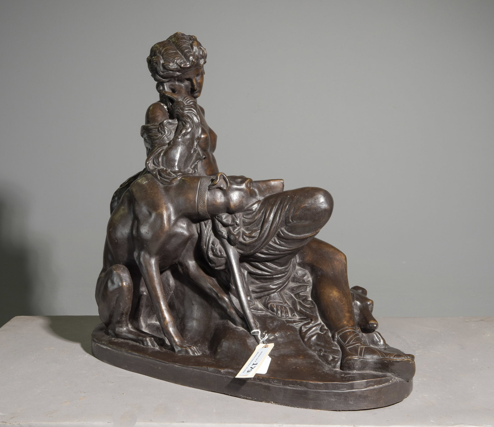Diane au Repos Avec Deux Levriers Bronze: Diane au Repos Avec Deux Levriers(Diana at Rest with Two Greyhounds) Bronze - This bronze depicts Diana, the Roman goddess of the hunt, nature and the moon. This is a rare depiction of the goddess