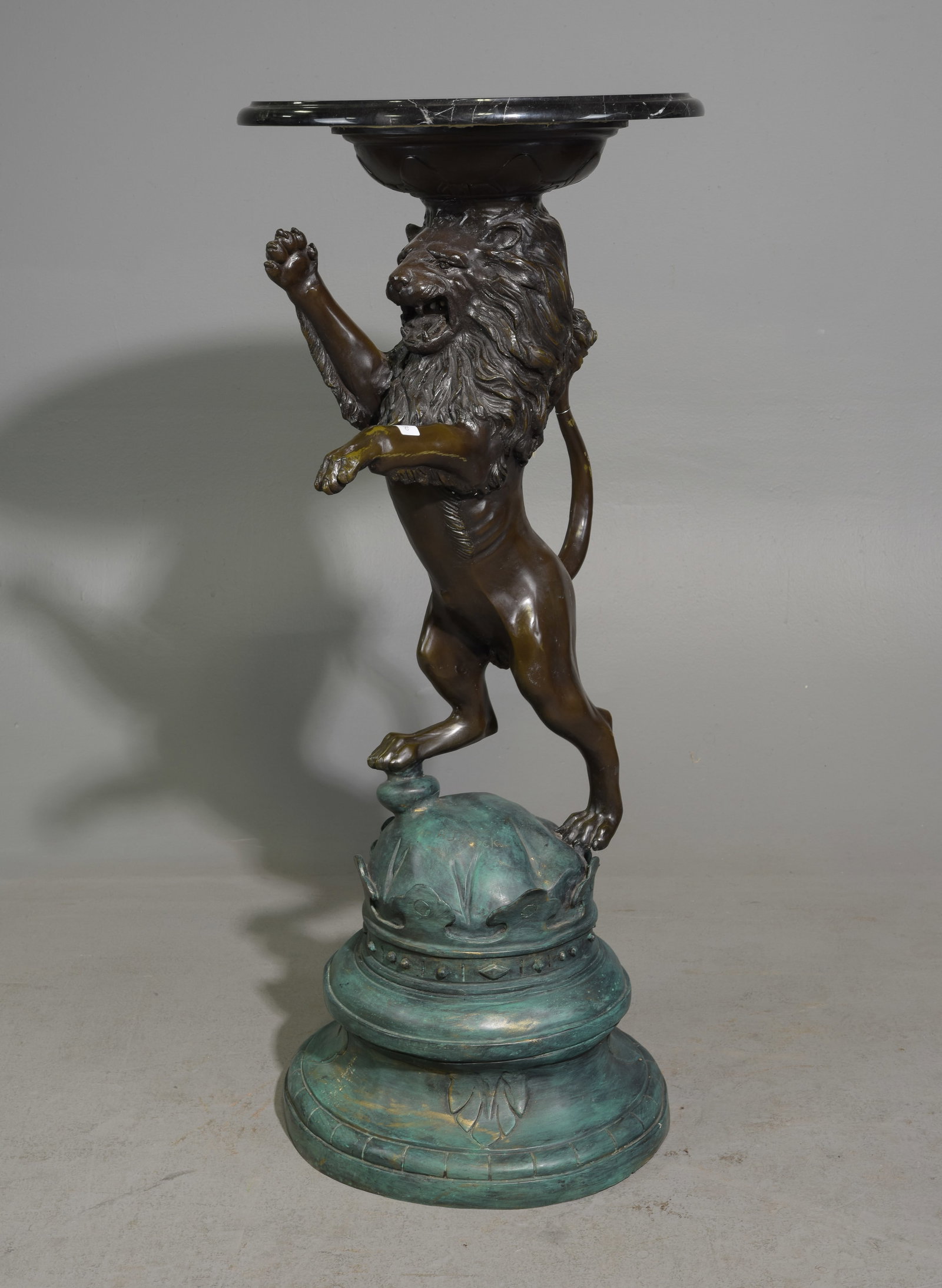 Regency Style Bronze Lion Pedestal Table: Regency Style Bronze Lion Pedestal Table with Round Marble Top signed A.J. Rock - 47.5 in tall x 20 inch diameter A.J. Rock is an American sculptor active in the 20th Century.