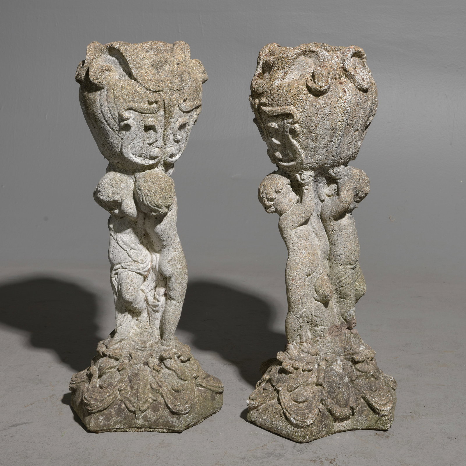 2 Cast Stone / Concrete Cherub Planters: 2 Cast Stone / Concrete Cherub Planters - 27 in tall x 10.5 x 10.5 each