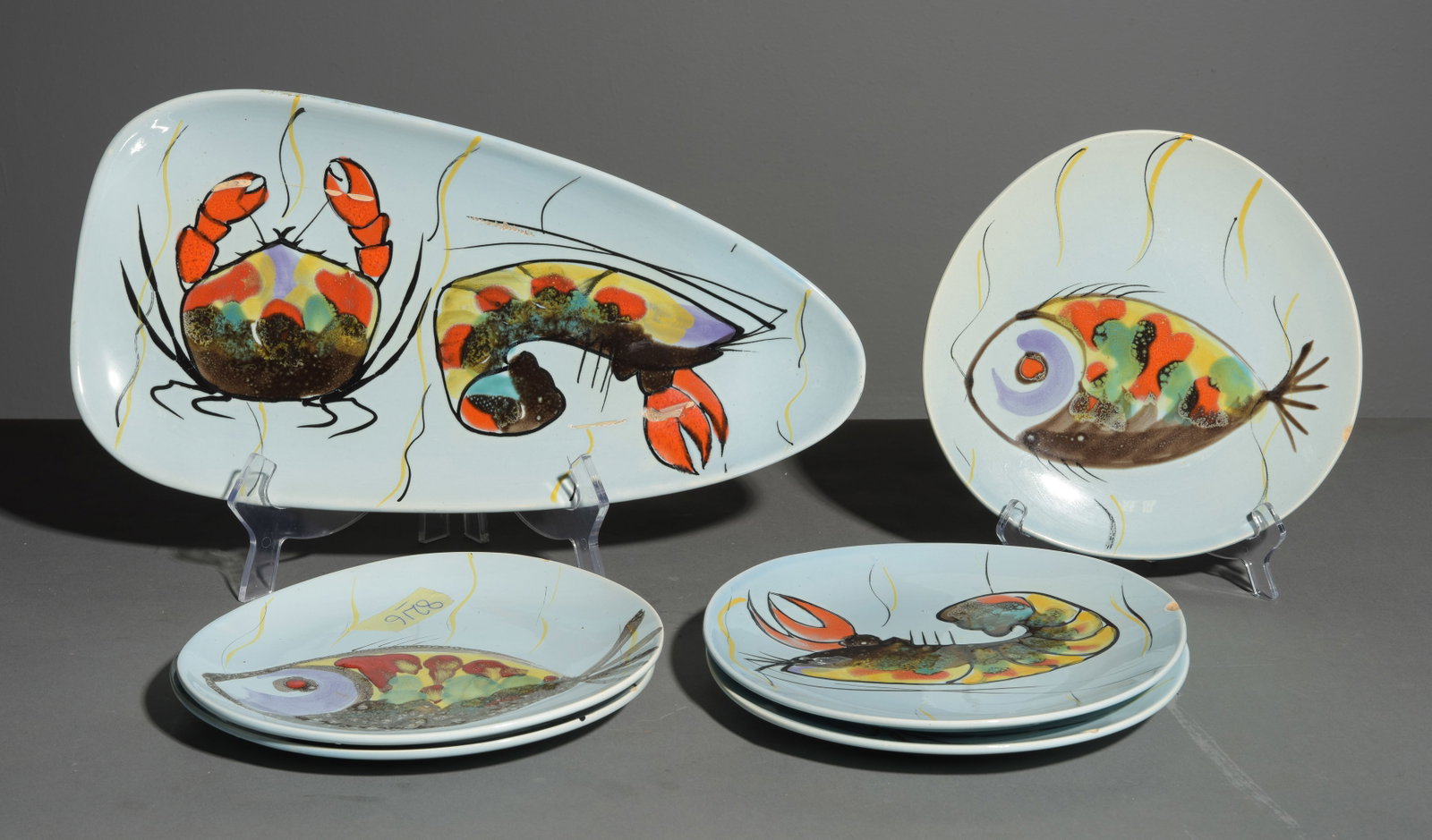 6pc French Modernist Fish Plate Set - Platter & 5 Plates: 6pc French Modernist Fish Plate Set - Platter & 5 Plates - Platter is 1.5 in tall x 19 x 9.75, Plates are 1 in tall x 10 x 10