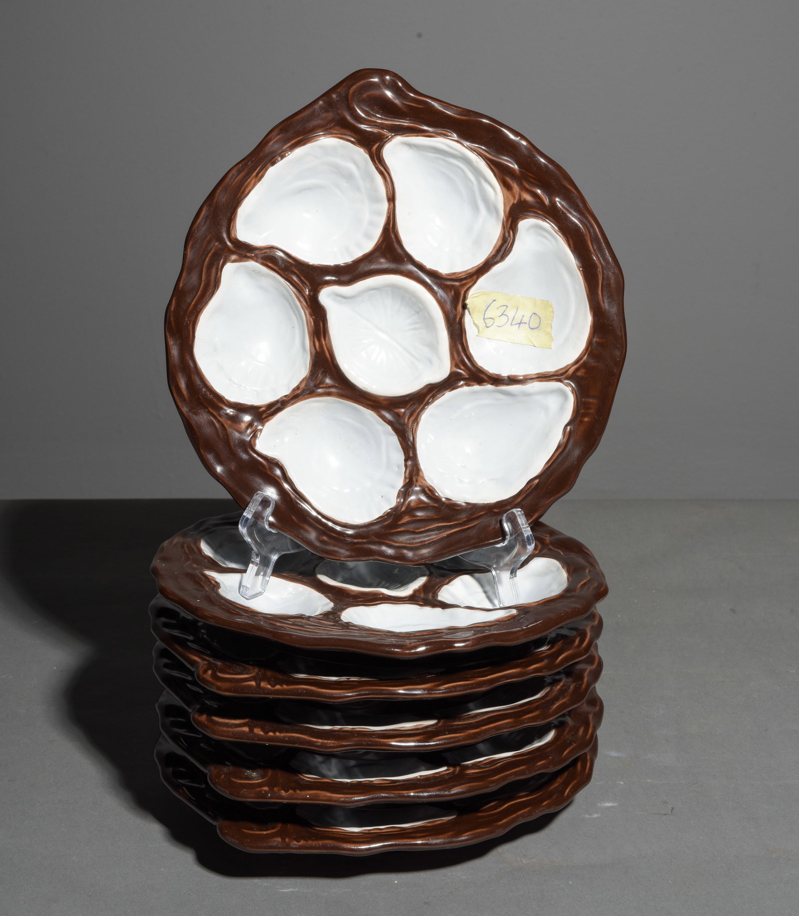 French Set of 6 Earthenware Oyster Plates: French Set of 6 Earthenware Oyster Plates - 1.25 in tall x 10.25 x 9.5 each