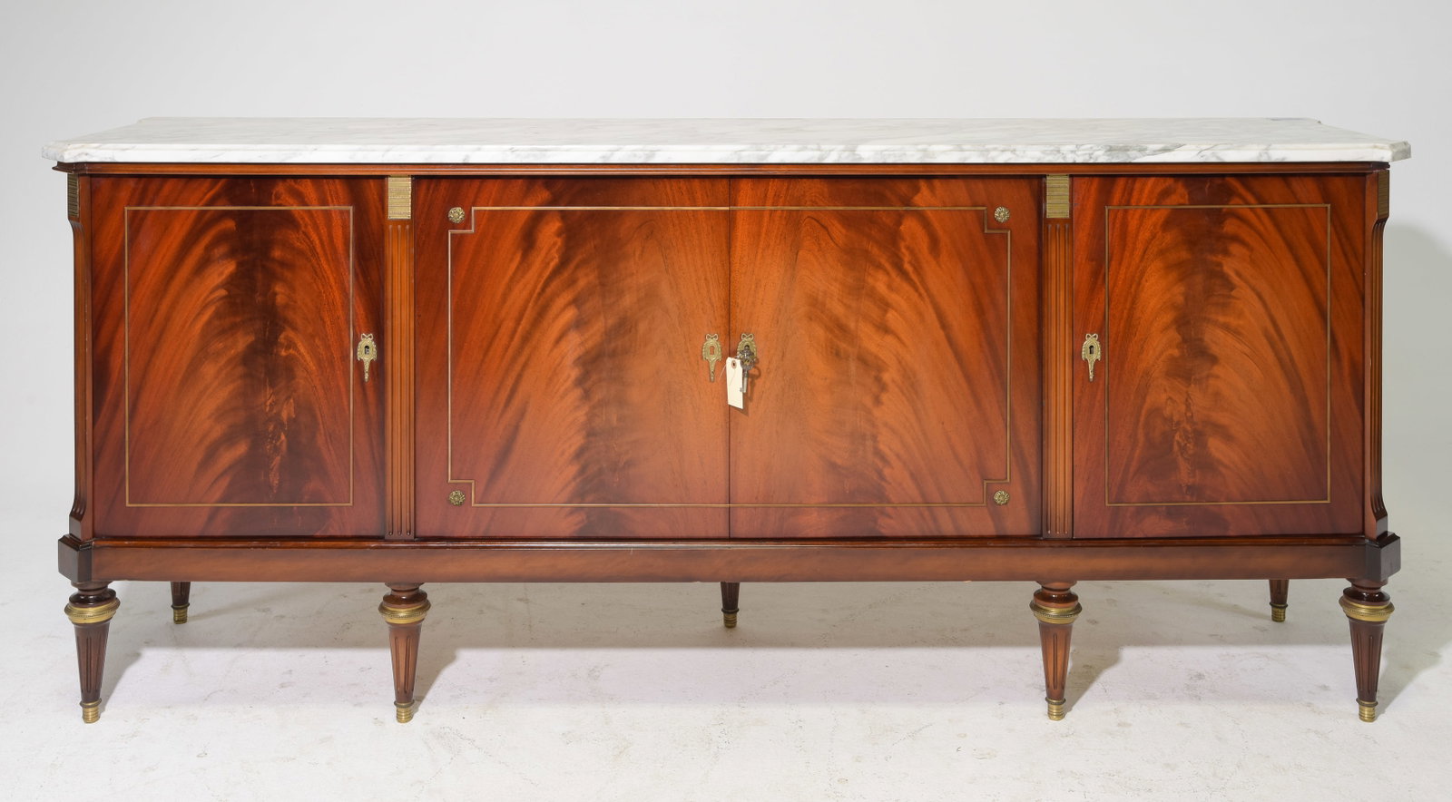 Louis XVI Style White Marble Top Mahogany Sideboard: French Louis XVI Style White Marble Top Mahogany Sideboard / Enfilade with Brass Trimmings -