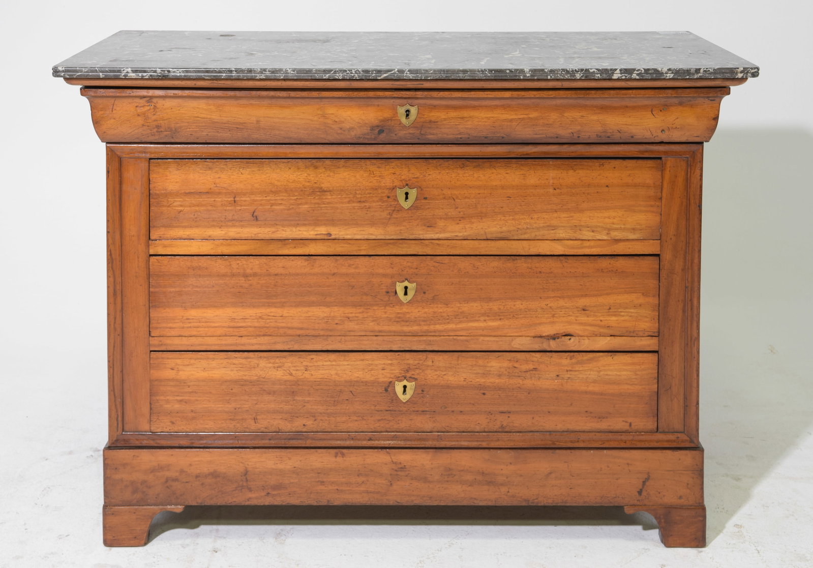 Louis Philippe Style Grey Marble Top Four Drawer Chest: French Louis Philippe Style Grey Marble Top Four Drawer Walnut Chest - 38 in tall x 50.5 x 22.5