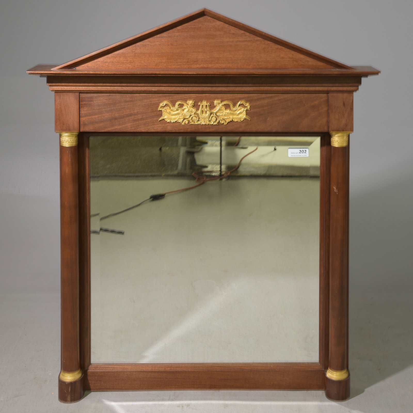 French Empire Style Walnut Framed Beveled Mirror: French Empire Style Walnut Framed Beveled Mirror with Gilded Metal Accents - 51 in tall x 43 x 7
