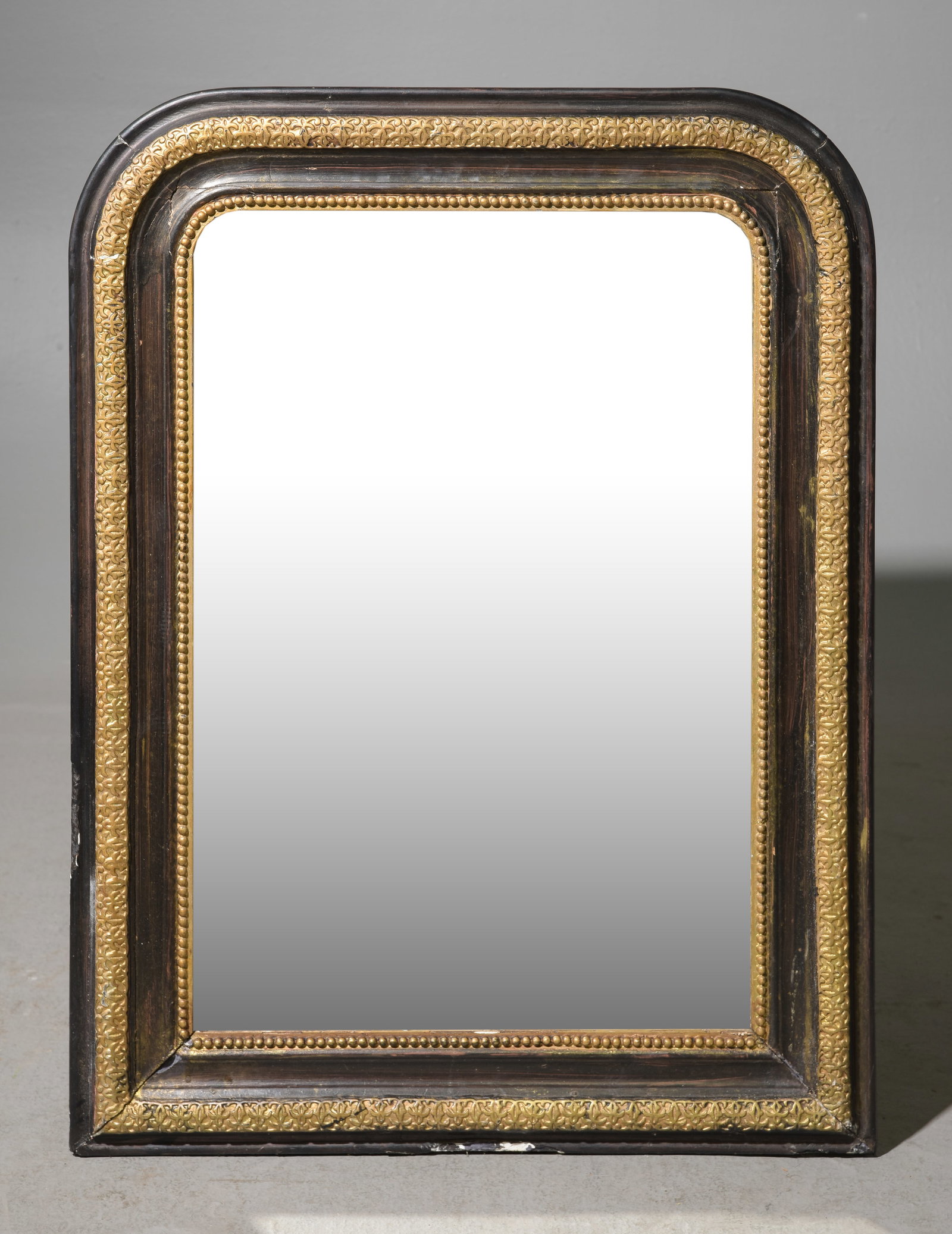 Louis Philippe Style Small Black & Gold Framed Mirror: French Louis Philippe Style Small Black & Gold Framed Mirror - 34 in tall x 24.5 x 1.5