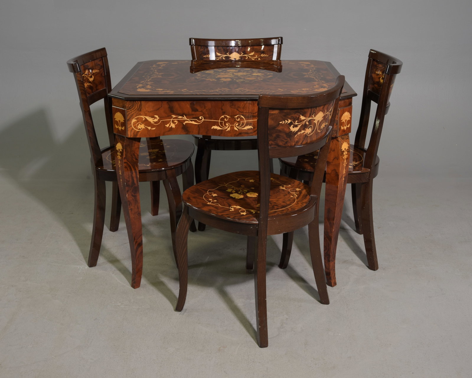 Italian Marquetry Inlaid Flip Top Game Table with Four Chairs (1 of 11)