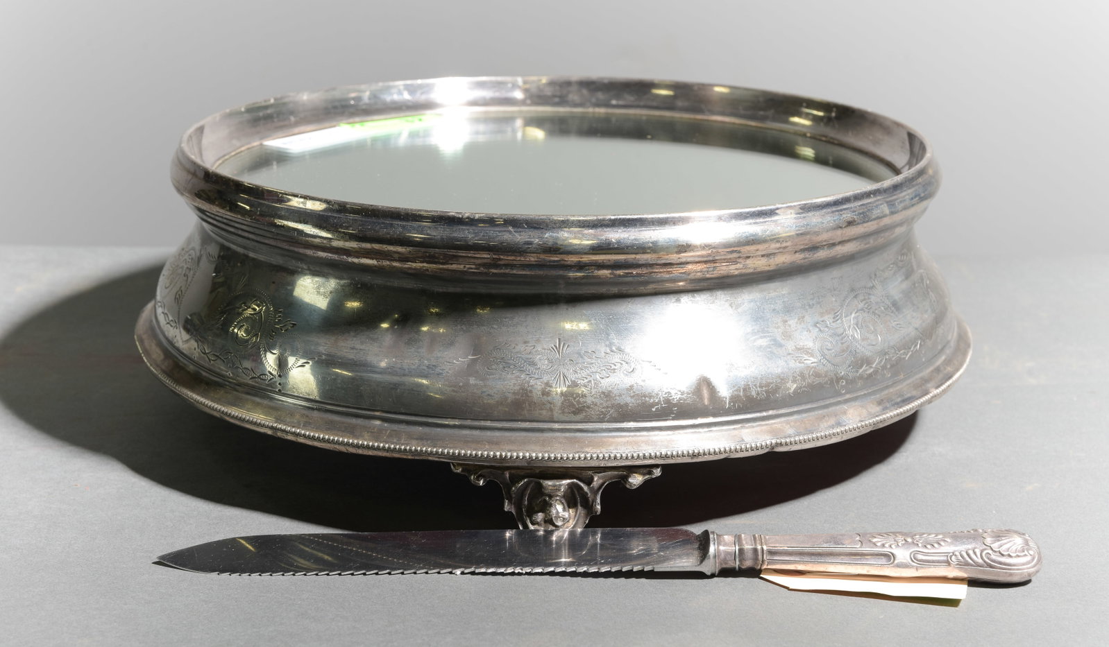 Silverplate Mirrored Plateau / Stand & Knife: Silverplate Mirrored Plateau / Stand & Knife - 5.75 in tall x 17.5 inch diameter