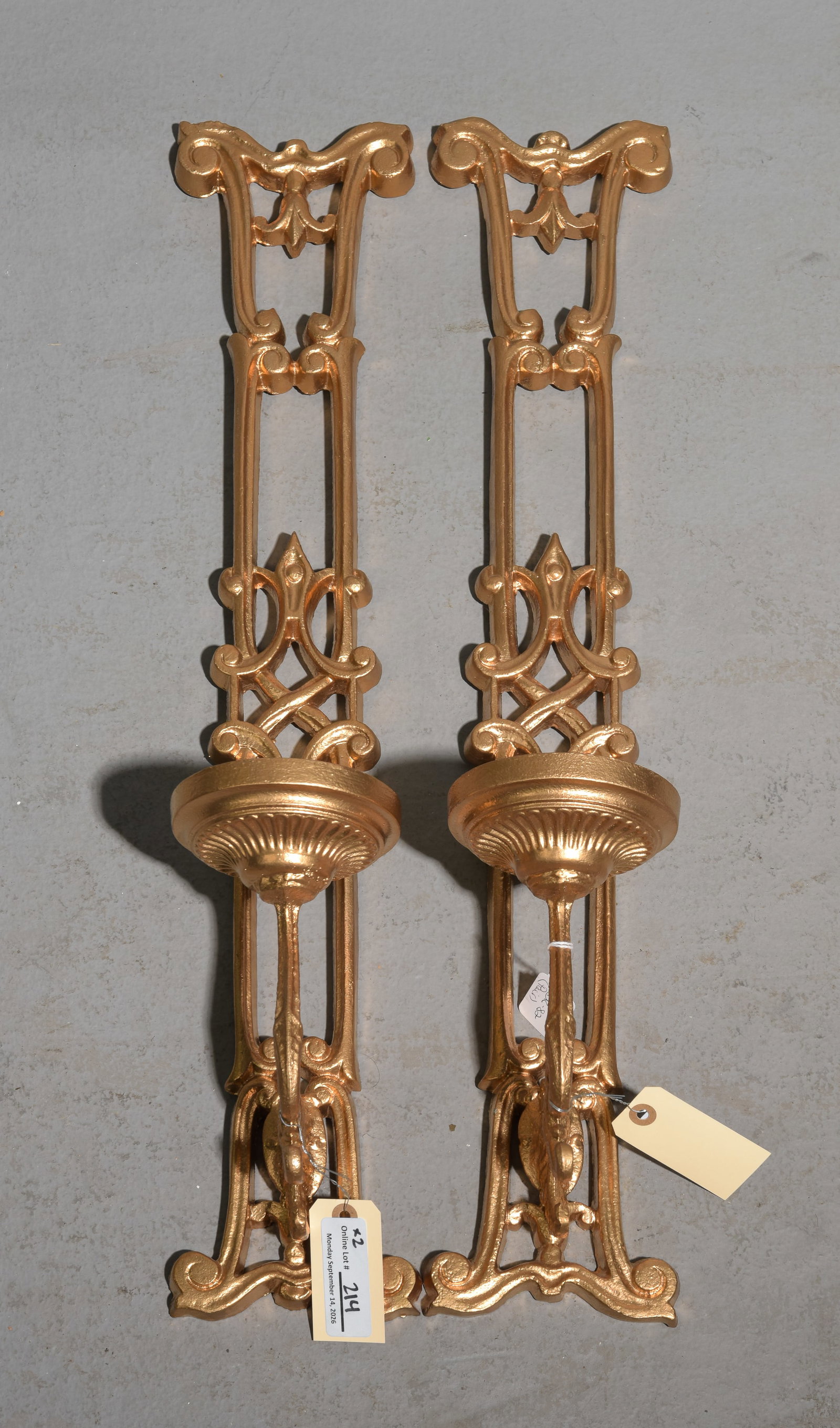 French Gold Painted Iron Pair of Single Arm Sconces: French Gold Painted Iron Pair of Single Arm Sconces - 28.75 in tall x 5 x 7 each