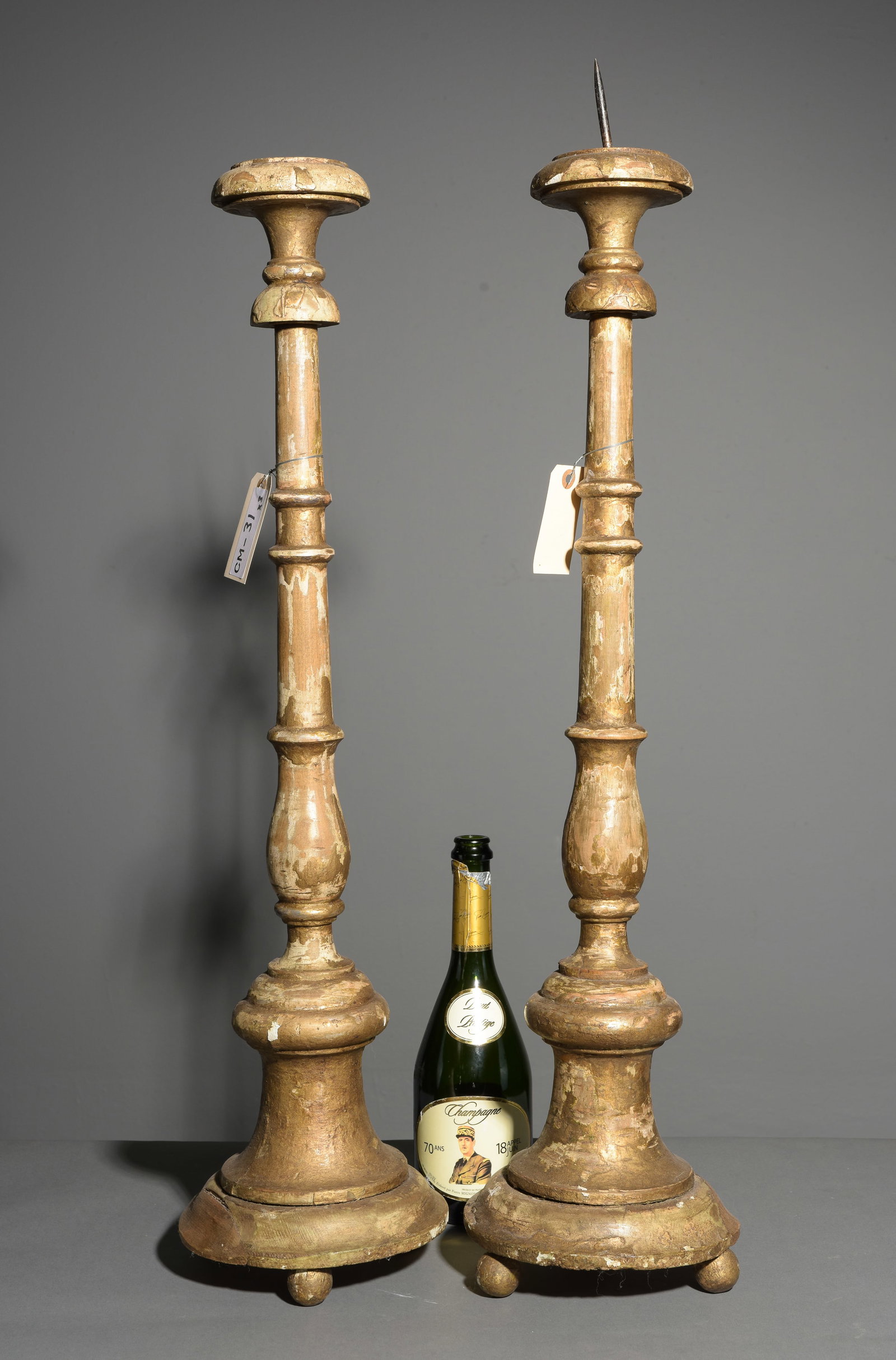 2 Italian Tall Gilded Alter Candlesticks: 2 Italian Tall Gilded Alter Candlesticks - Tallest including the "spike" is 39 in tall x 8 x 8
