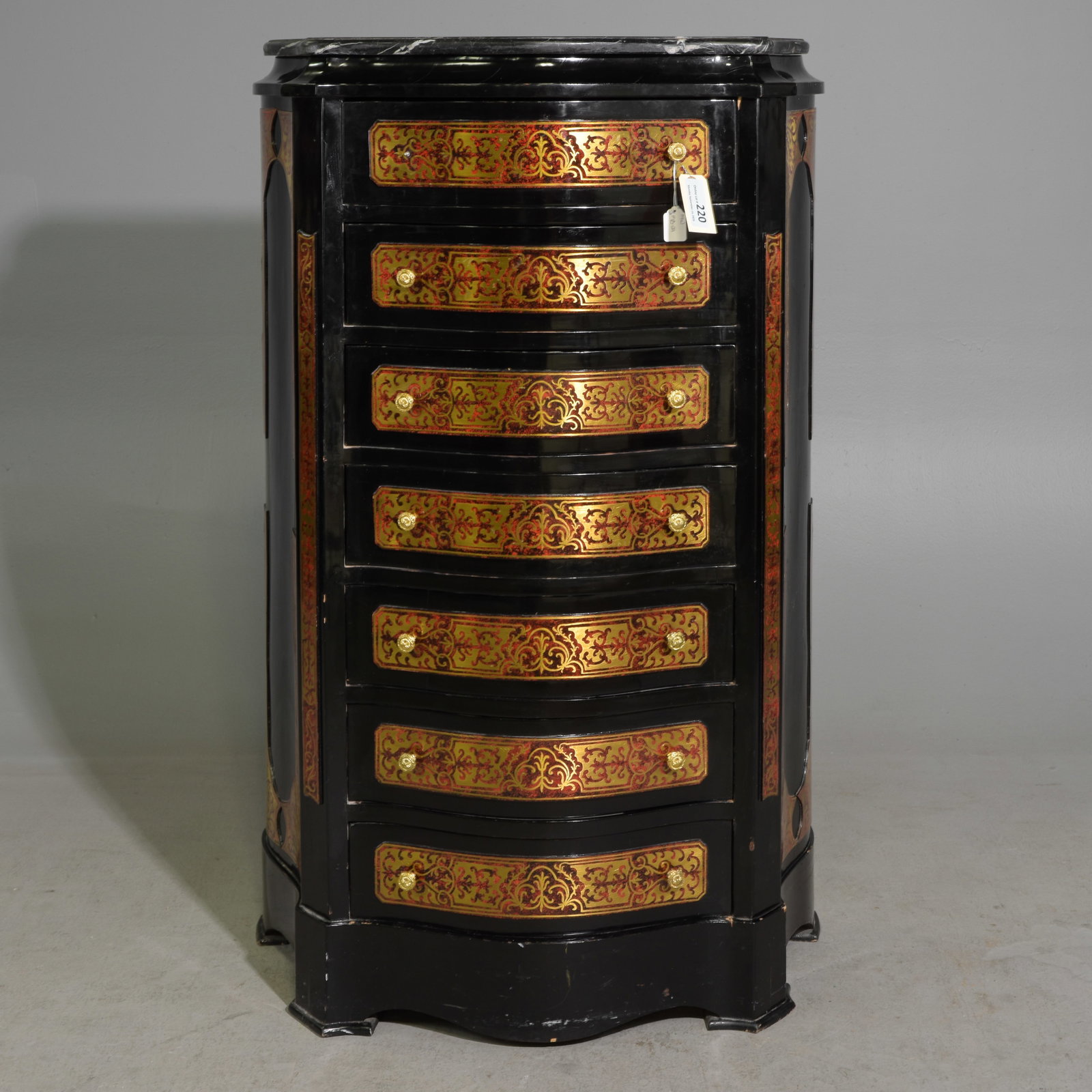 Napoleon III Style Boulle Marquetry Semaniere: Napoleon III Style Boulle Marquetry Semaniere / Seven Drawer Chest with Marble Top - 51 in tall x 32 x 15