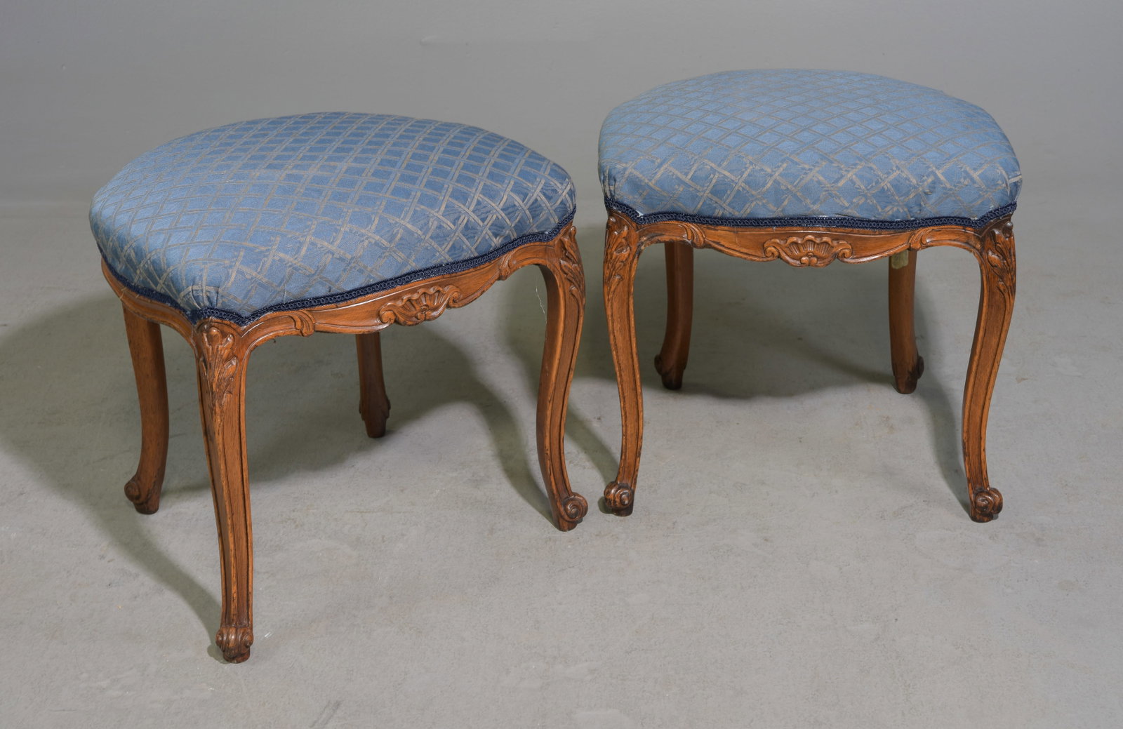 Louis XV Style Pair of Upholstered Beech Wood Stools: French Louis XV Style Pair of Upholstered Beech Wood Stools - 19 in tall x 20 x 19 each