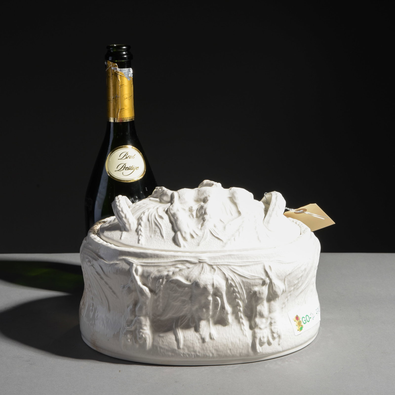 Portmeirion White Molded Relief Game Tureen: Portmeirion White Molded Relief Game / Hunt Tureen - 7 in tall x 10 x 7 Designed by Susan Williams-Ellis for Portmeirion Pottery in the 1960's-1970's. This features rich, high-relief wild game