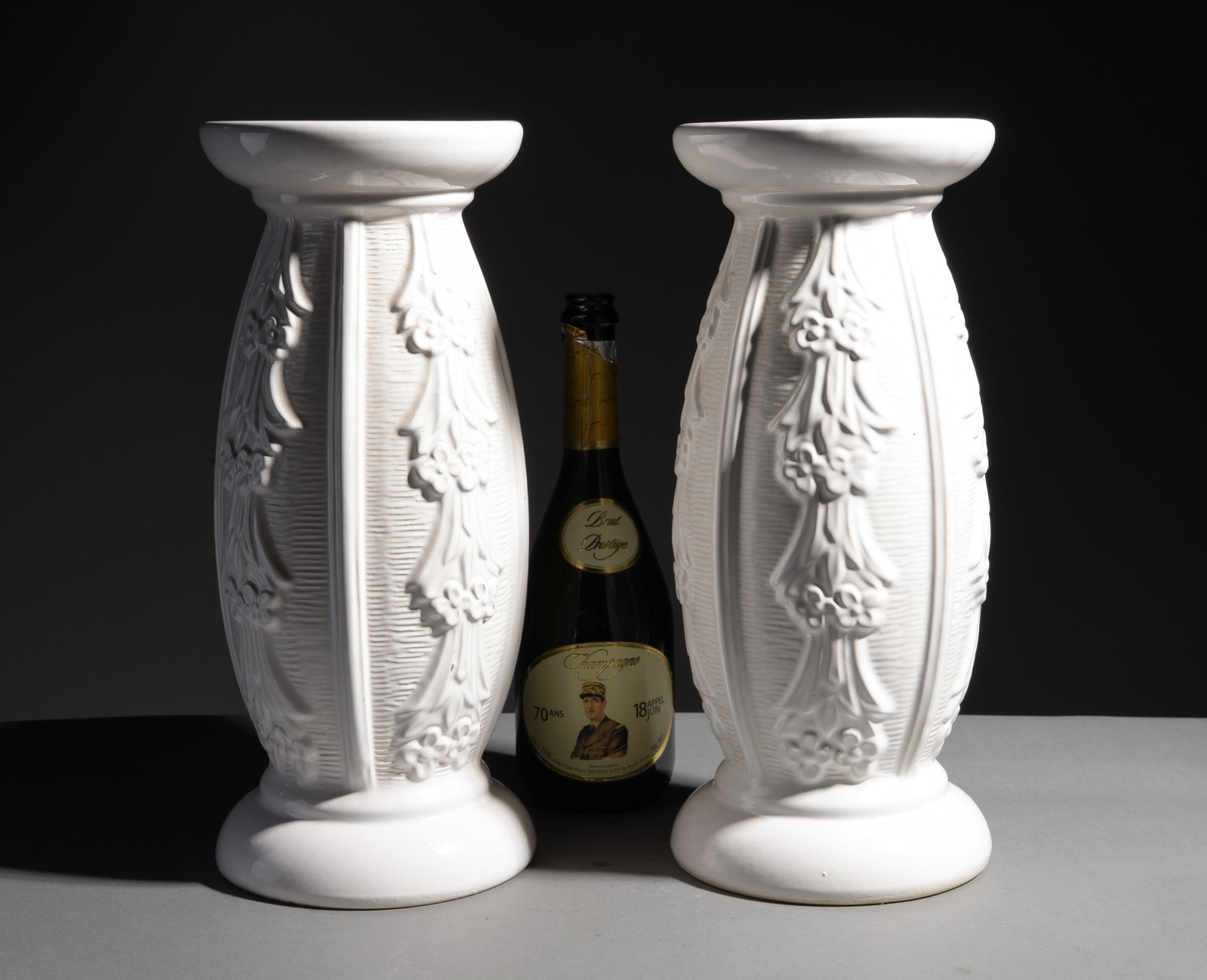 German Pair of White Glazed Pottery Pedestals: German Pair of White Glazed Pottery Pedestals / Candlestands - 16 in tall x 6.5 inch diameter each