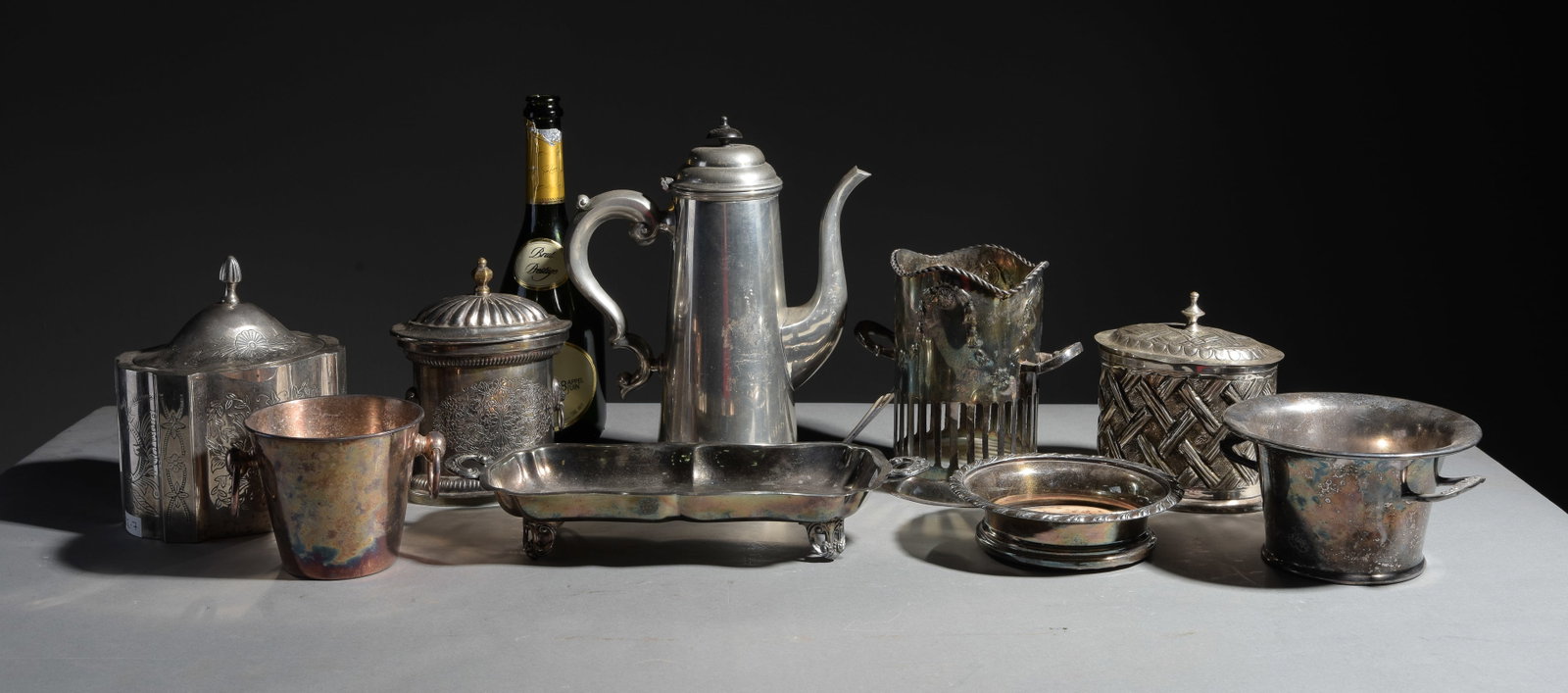 9pcs Silver & Silverplate Canisters, Tray, Etc.: 9pcs Silver & Silverplate Canisters, Tray, Etc. - Coffee / Tea Pot is 12 in tall x 9 x 5