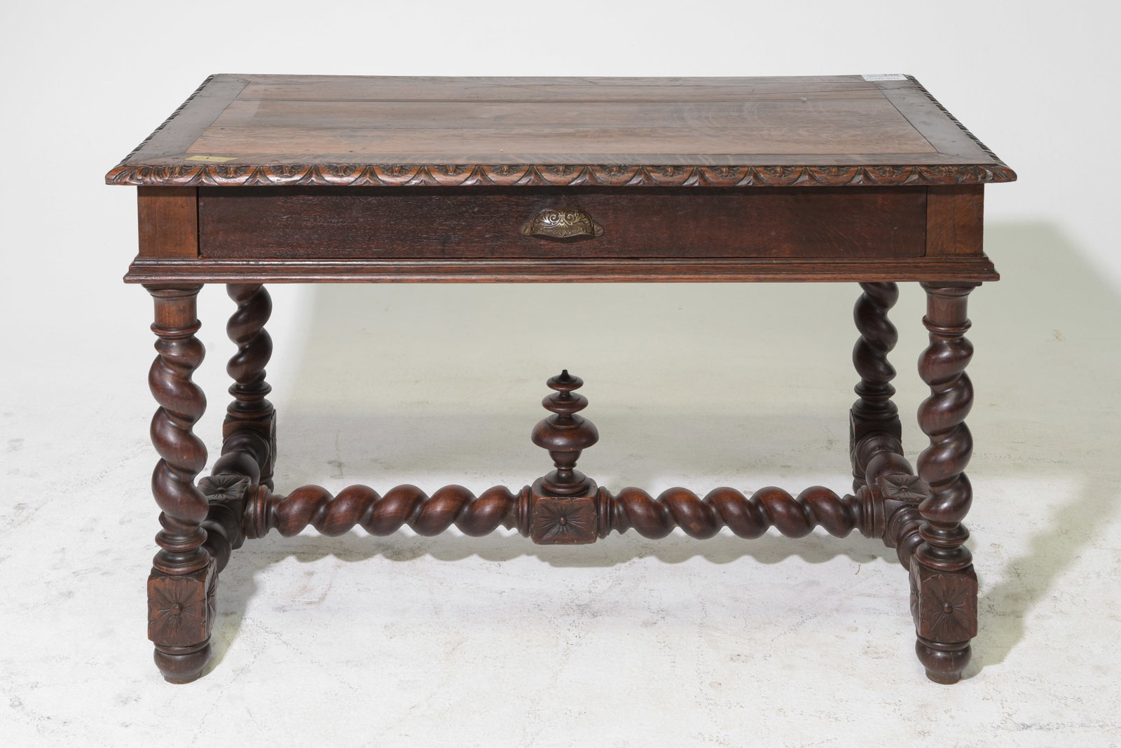 Louis XIII Style French Twist Oak Writing Table: French Louis XIII Style French Twist Oak Writing Table - 27.5 in tall x 46 x 26, Floor to under is 22 inches and the space between the legs is 37 inches