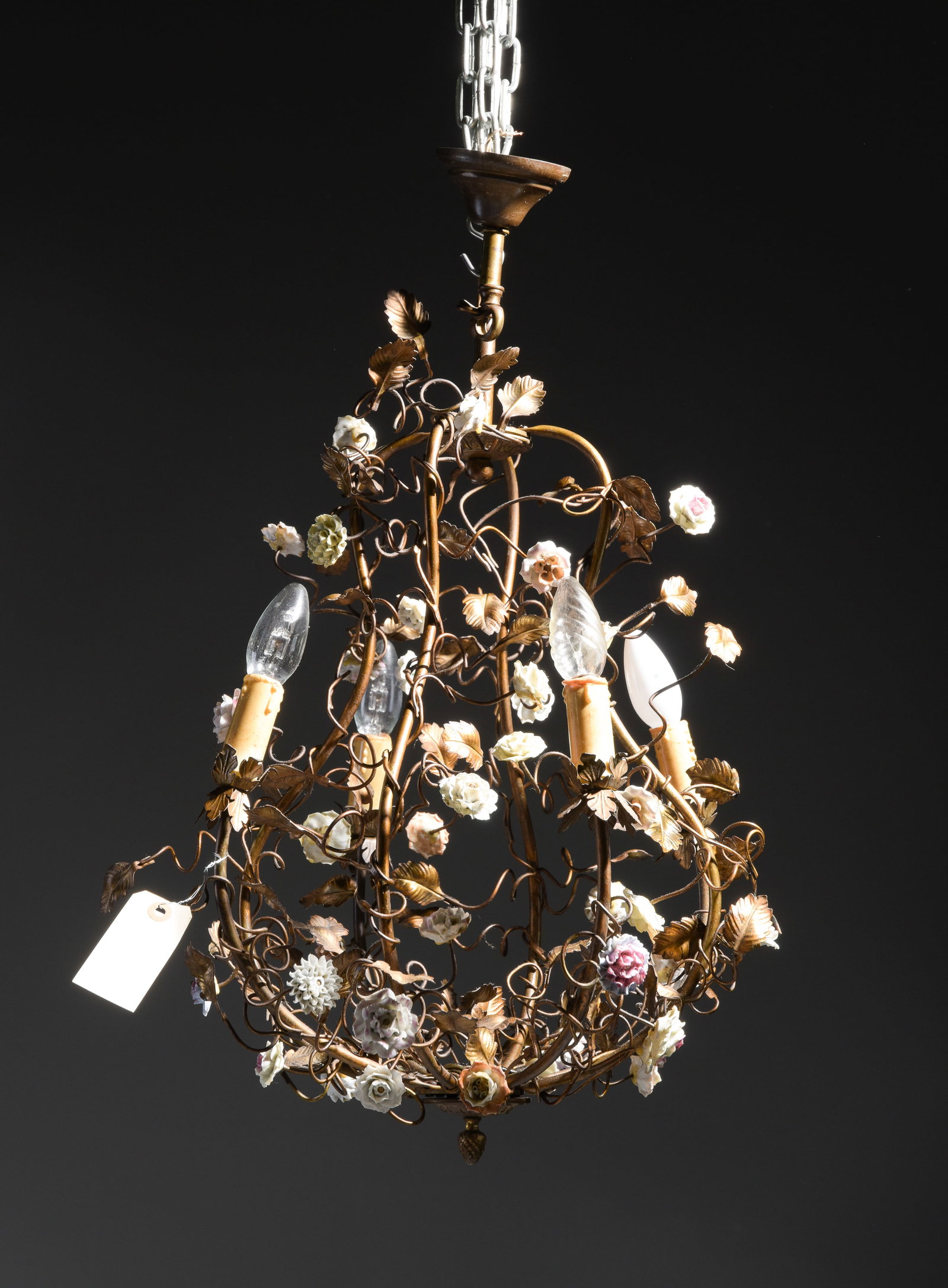 Italian Floral Tole Cage Chandelier with Porcelain Flowers: Italian Floral Tole Cage Chandelier with Porcelain Flowers - 24 in tall x 15 inch diameter