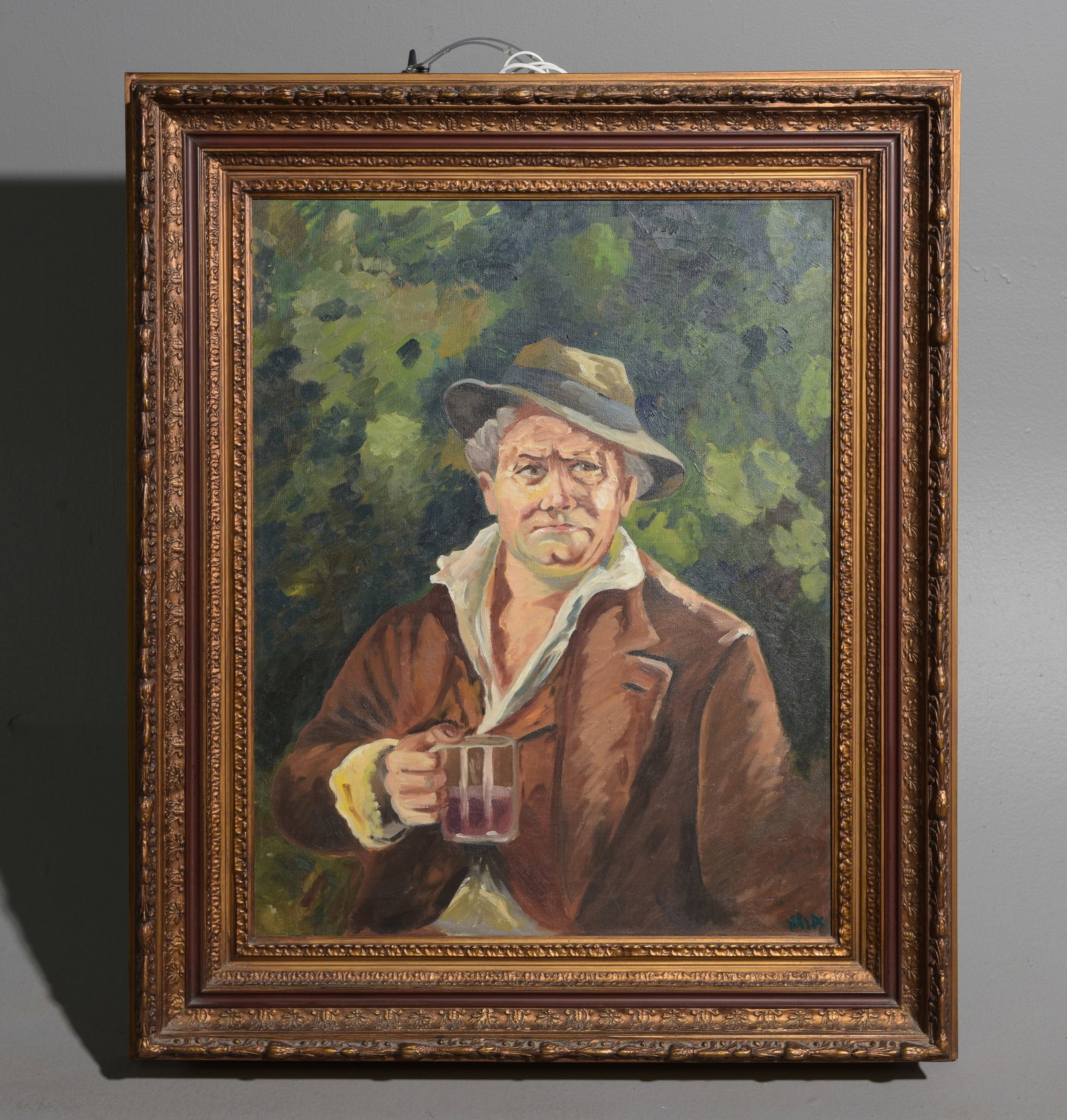 Framed Oil on Canvas Portrait - Man with Mug: Framed Oil on Canvas Portrait - Man with Mug - 37 in tall x 31 x 4