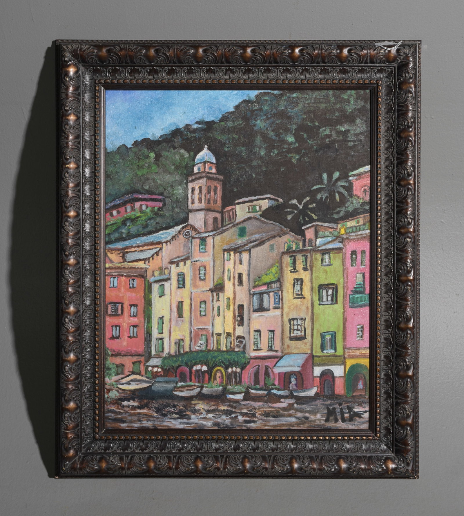 Framed Oil on Canvas Italian Village Harbor: Framed Oil on Canvas Italian Village Harbor - 35.25 in tall x 29.25 x 1.5