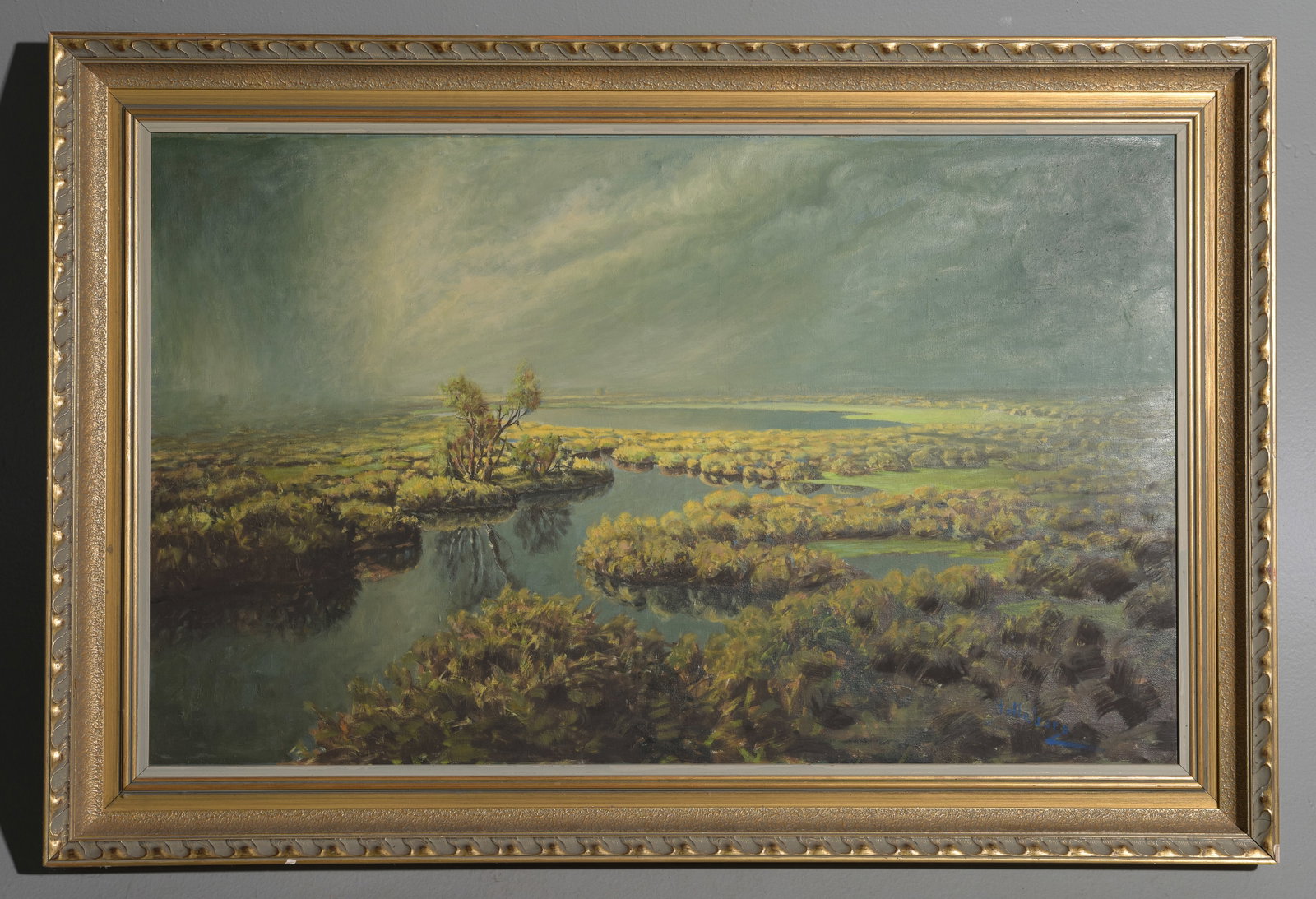Gold Framed Oil on Canvas Wetland Landscape: Gold Framed Oil on Canvas Wetland Landscape under an overcast sky - 34.5 in tall x 51 x 2.5