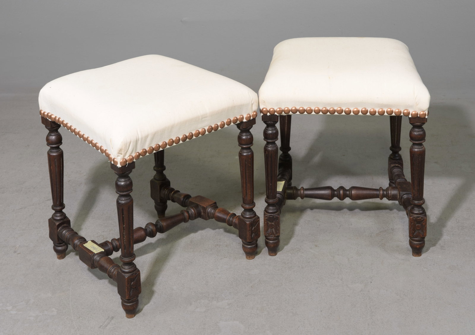Louis XVI Style Pair of Oak Stools: French Louis XVI Style Pair of Oak Stools - 20 in tall x 17 x 16 each