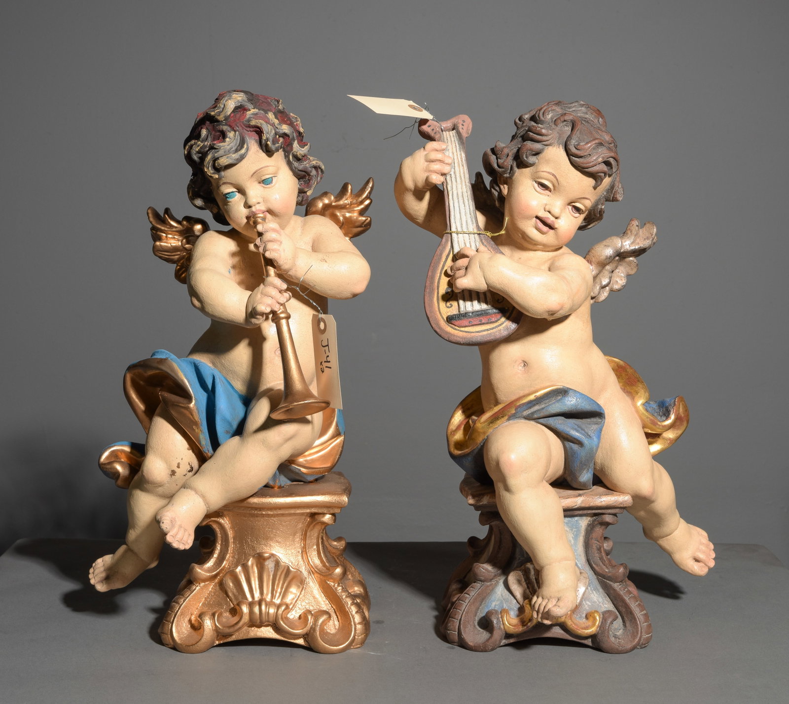 2 Italian Polychrome Cherubs / Putti Figures: 2 Italian Polychrome Cherubs / Putti Figures - 19 in tall x 11 x 9